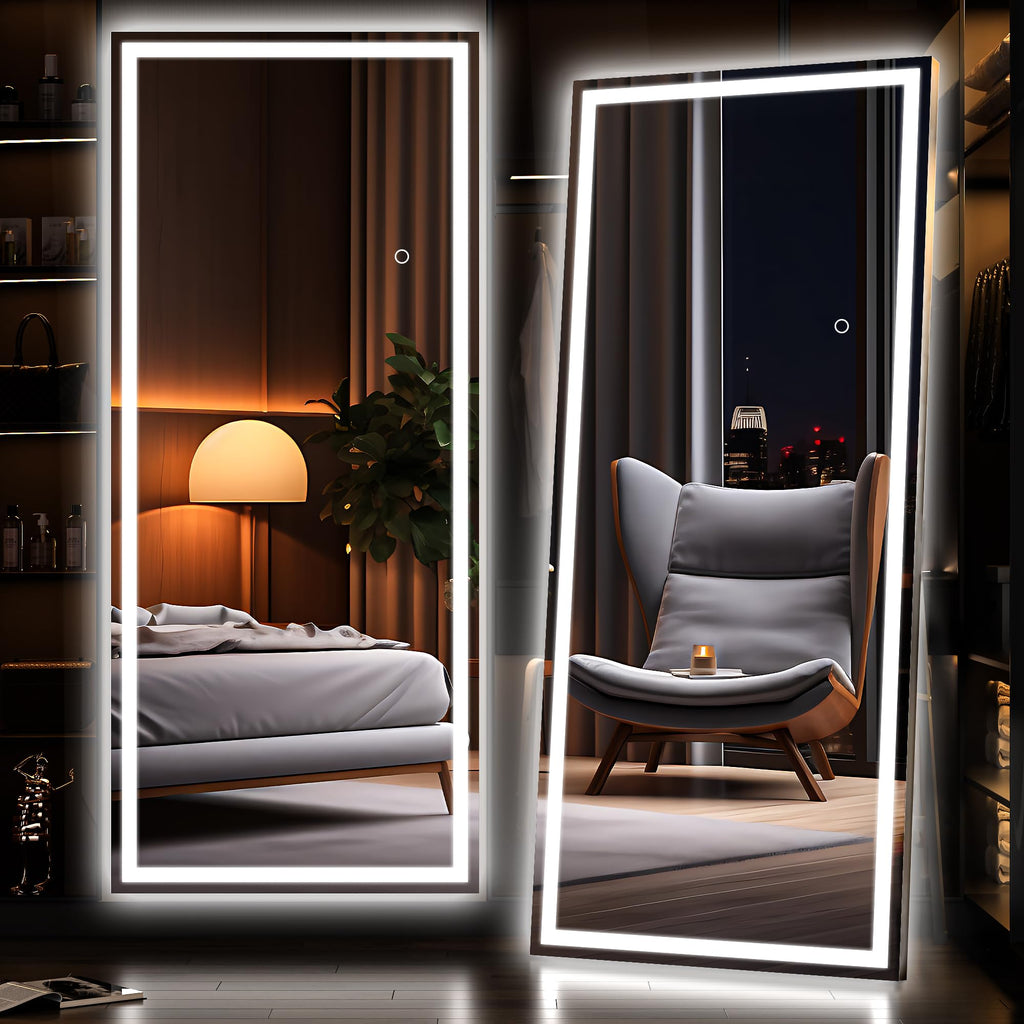 Hasipu Full Length Mirror with Lights, 79" x 36" LED Lighted Floor Standing, Full Body Dressing Hanging Mounted Mirror, Tempered Glass, Square Black