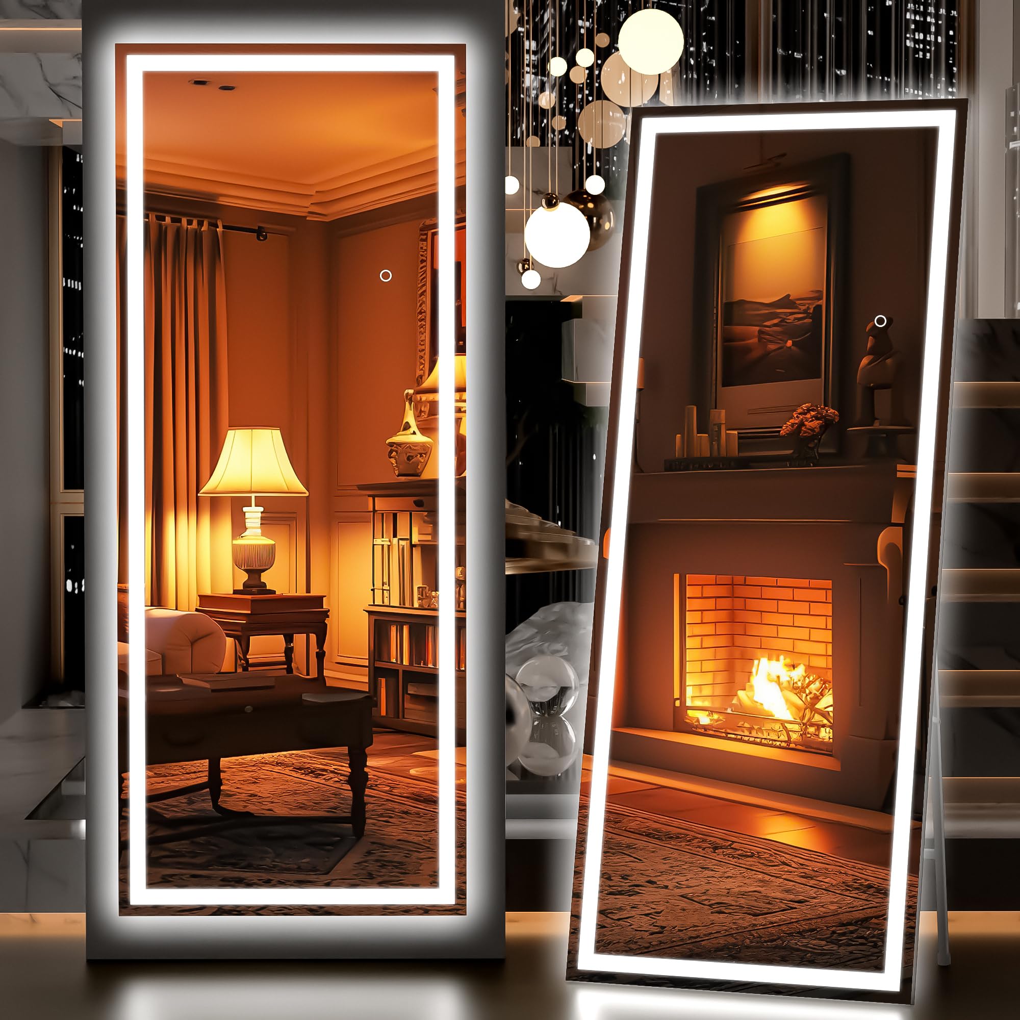 Hasipu Full Length Mirror with Lights, 79" x 36" LED Lighted Floor Standing, Full Body Dressing Hanging Mounted Mirror, Tempered Glass, Square Black