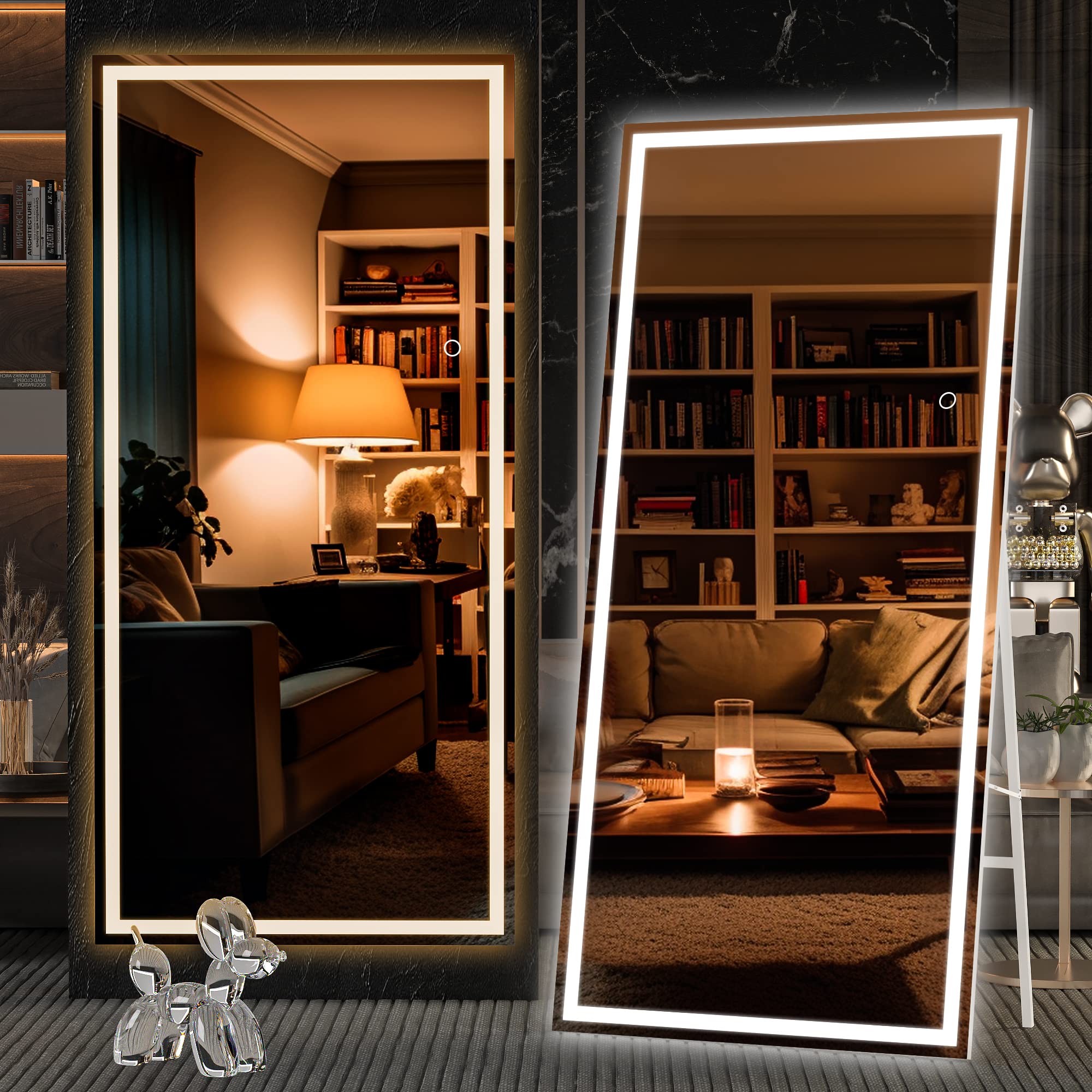 Hasipu Full Length Mirror with Lights, 79" x 36" LED Lighted Floor Standing, Full Body Dressing Hanging Mounted Mirror, Tempered Glass, Square Black