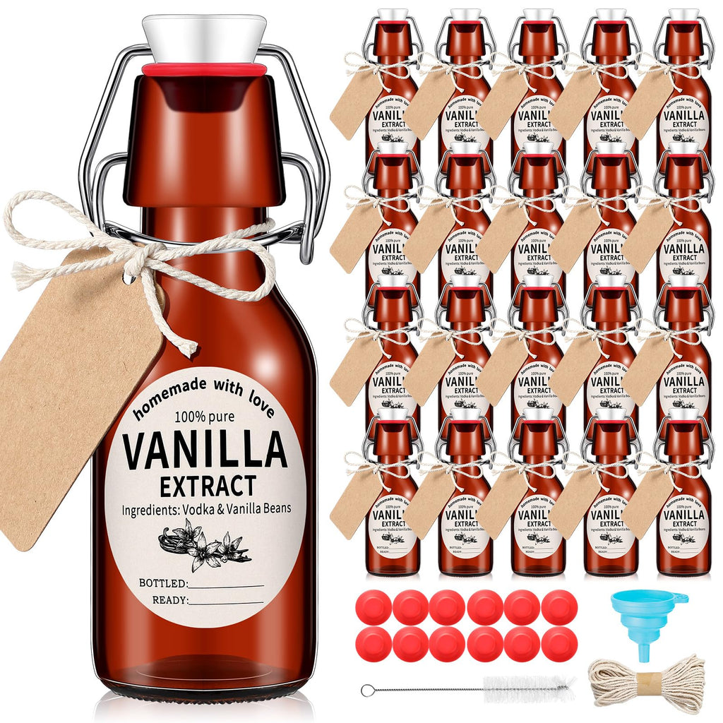 Vesici 8 Sets Swing Top Glass Bottles Set Amber Homemade Vanilla Extract Bottles Vanilla Extract Jars for Christmas DIY Crafts (4 oz)
