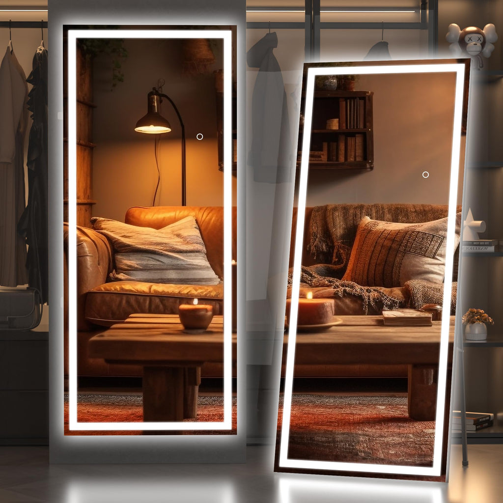 Hasipu Full Length Mirror with Lights, 79" x 36" LED Lighted Floor Standing, Full Body Dressing Hanging Mounted Mirror, Tempered Glass, Square Black