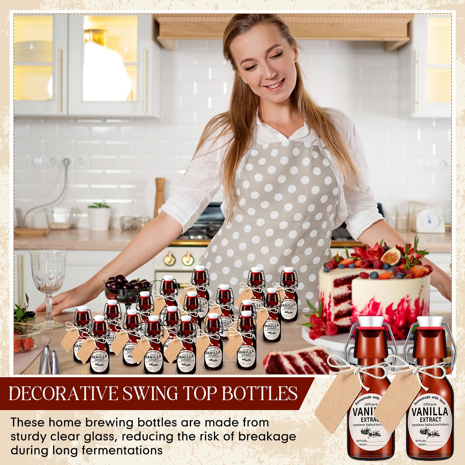 Vesici 8 Sets Swing Top Glass Bottles Set Amber Homemade Vanilla Extract Bottles Vanilla Extract Jars for Christmas DIY Crafts (4 oz)