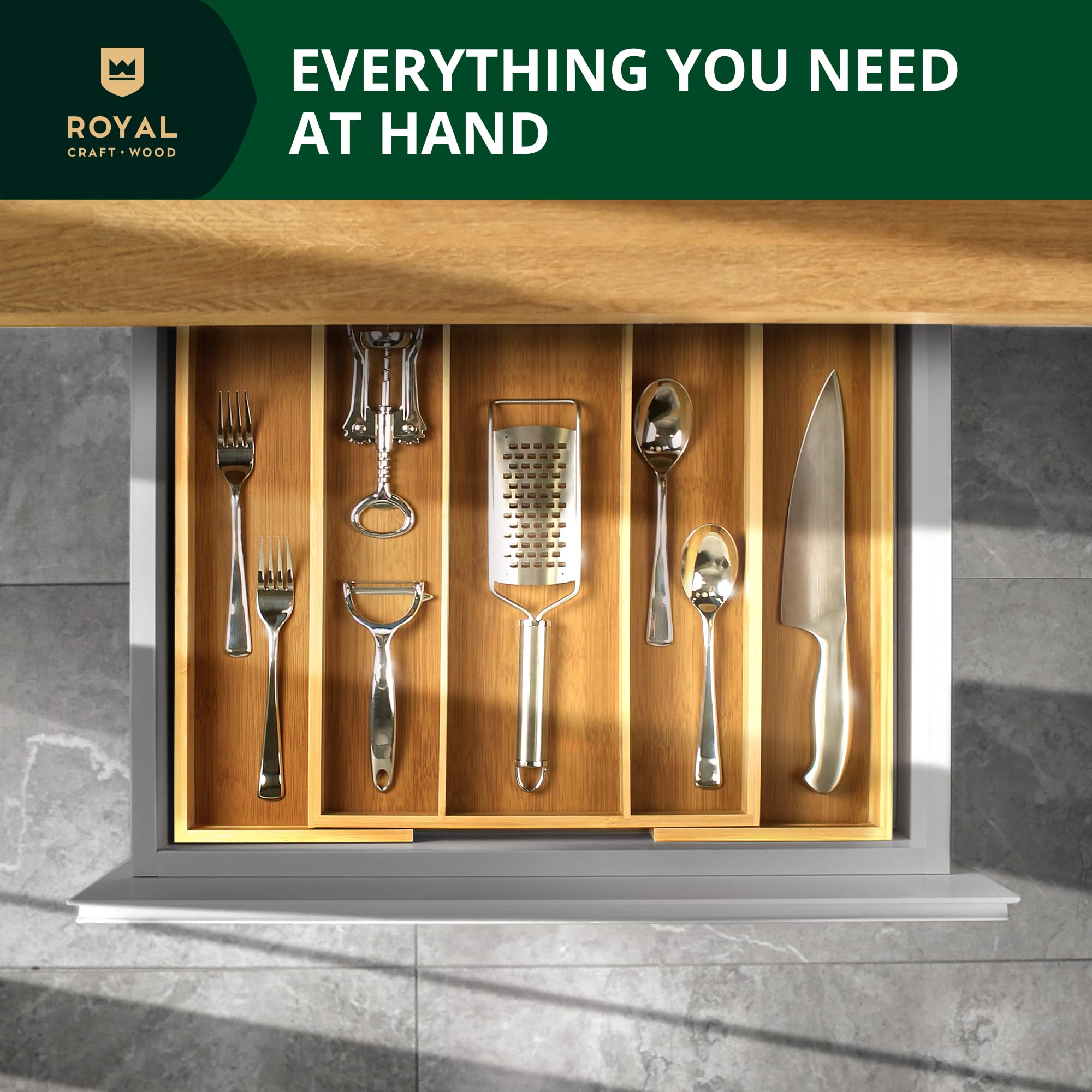 ROYAL CRAFT WOOD Luxury Bamboo Kitchen Drawer Organizer - Silverware Organizer, Utensil Holder & Cutlery Tray Drawer Dividers for Flatware (9 Slot, Natural)
