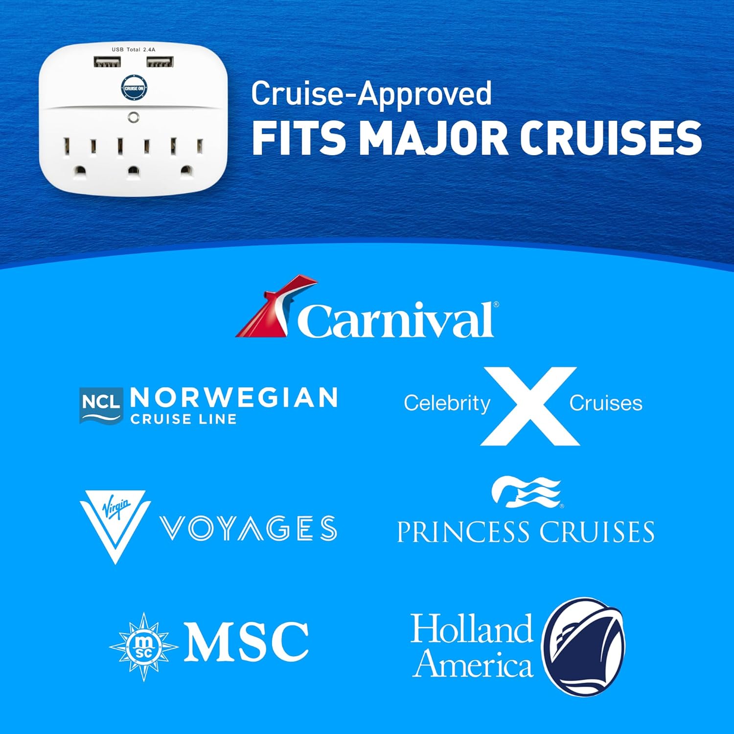 Cruise Approved Power Strip - Non Surge Protector for Cruise Ship with 2 USB Outlets - Cruise Ship Essentials 2026 for Carnival, Princess, Norwegian, Holland America, MSC & Major Cruise Lines (White)