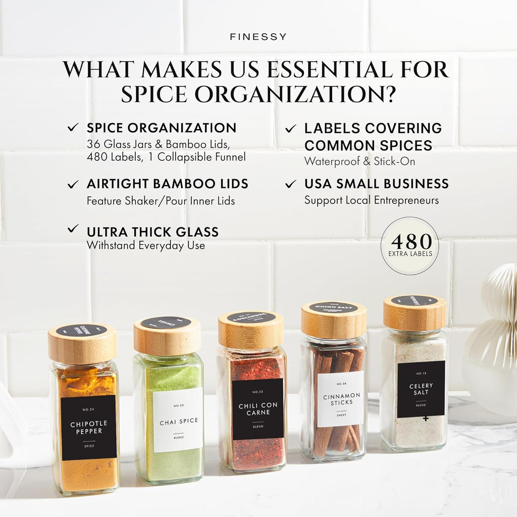 Glass Spice Jars with Label with Bamboo Lids Minimalist 36 Pack Set, 4oz Clear Empty Bottles Seasoning Organizer Jars with Shaker Lids, Small Square Airtight Spice Seasoning Containers Herb Storage