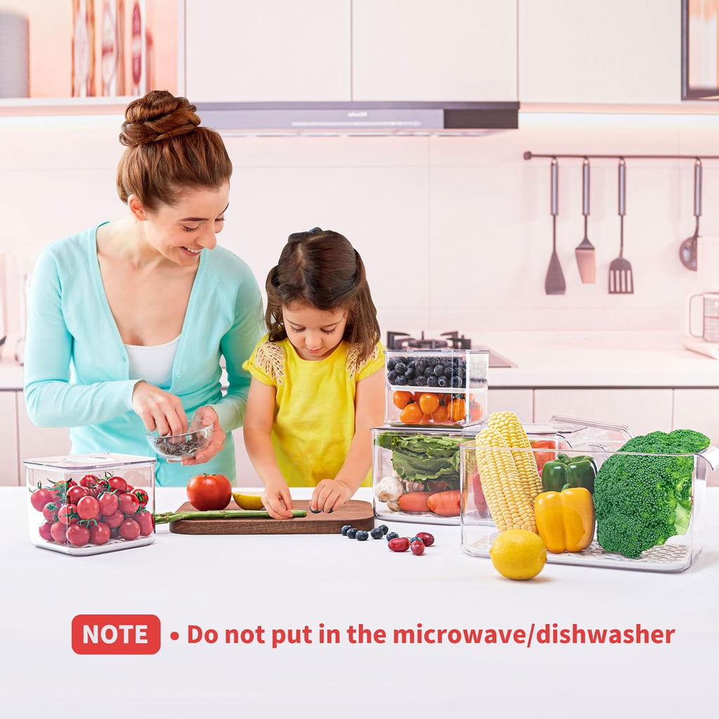 elabo Fruit Storage Containers for Fridge Fresh Produce Saver -3 Pack Stackable Fridge Organizers Bins with Lids, Drain Tray, Food Storage Container for Vegetables, Lettuce, Salad and Berry, BPA-free