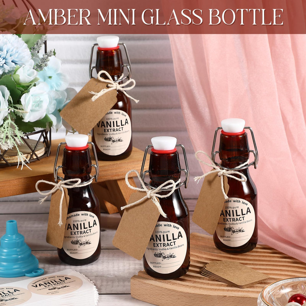Vesici 8 Sets Swing Top Glass Bottles Set Amber Homemade Vanilla Extract Bottles Vanilla Extract Jars for Christmas DIY Crafts (4 oz)