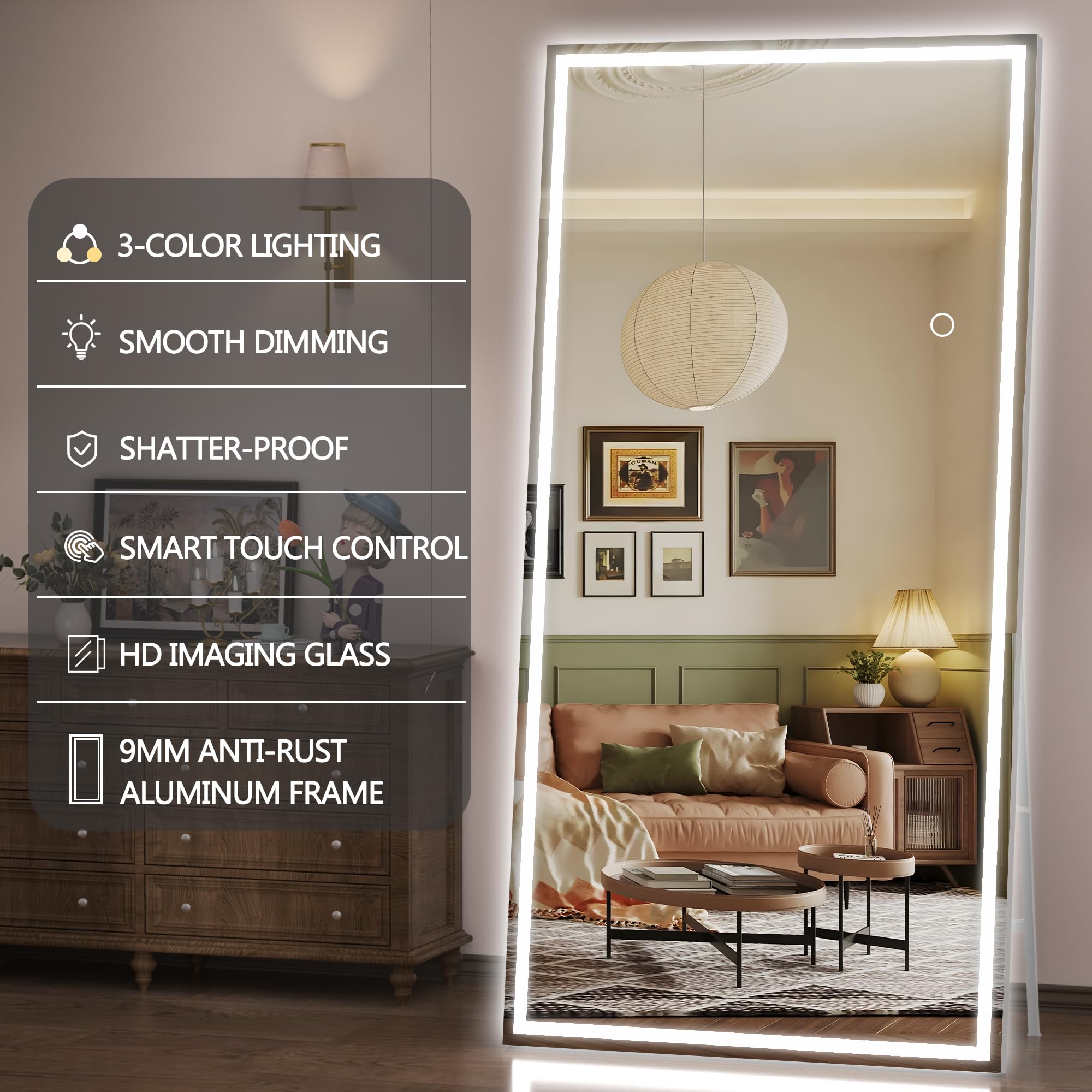 Hasipu Full Length Mirror with Lights, 79" x 36" LED Lighted Floor Standing, Full Body Dressing Hanging Mounted Mirror, Tempered Glass, Square Black