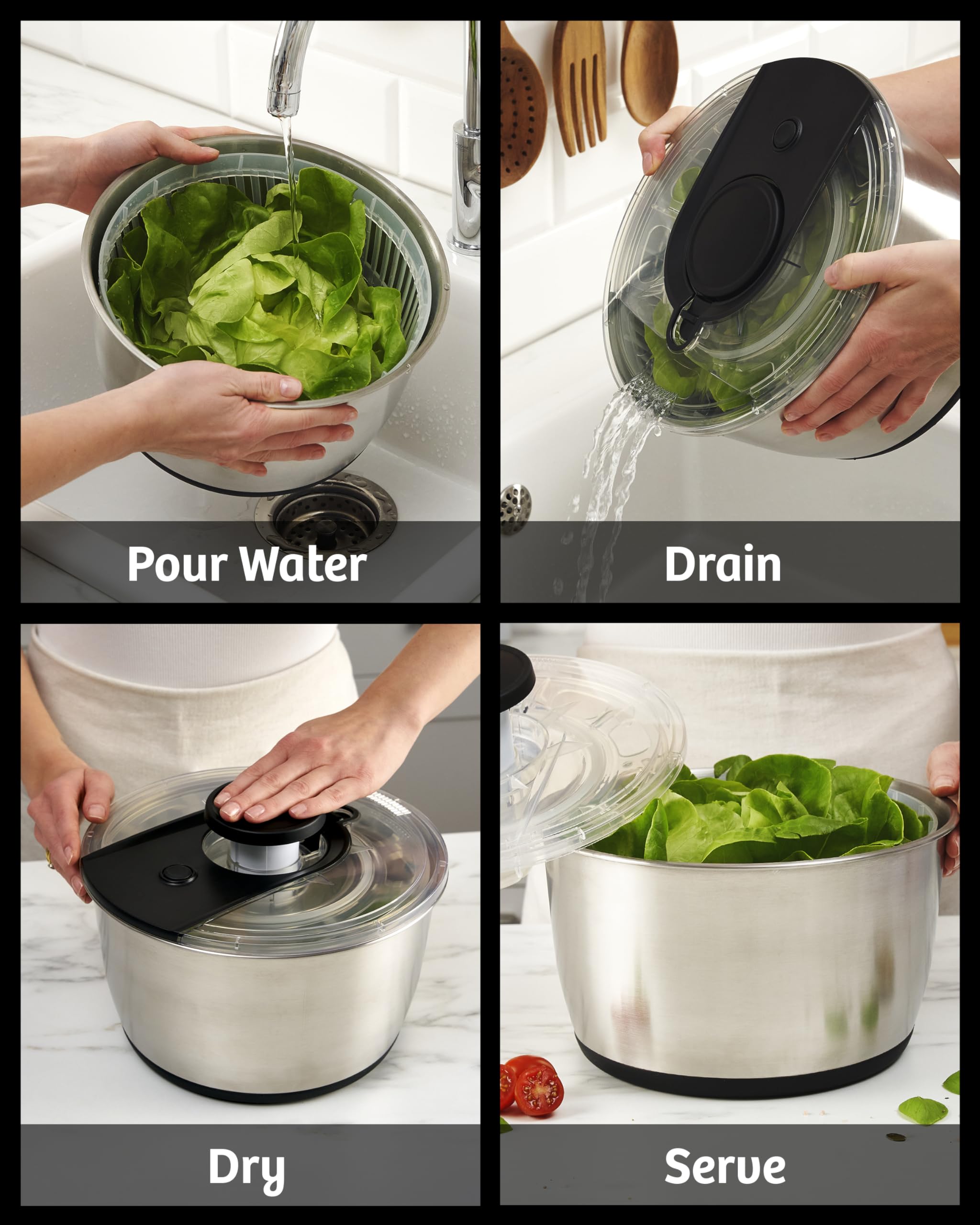Stainless Steel Pump Salad Spinner Large - Easy Compact Kitchen Tool - Stainless Steel Bowl, Drain & Colander - Lettuce Spinner, Vegetable Dryer, Fruit Washer, Pasta & Fries Produce Strainer - 6.33 Qt