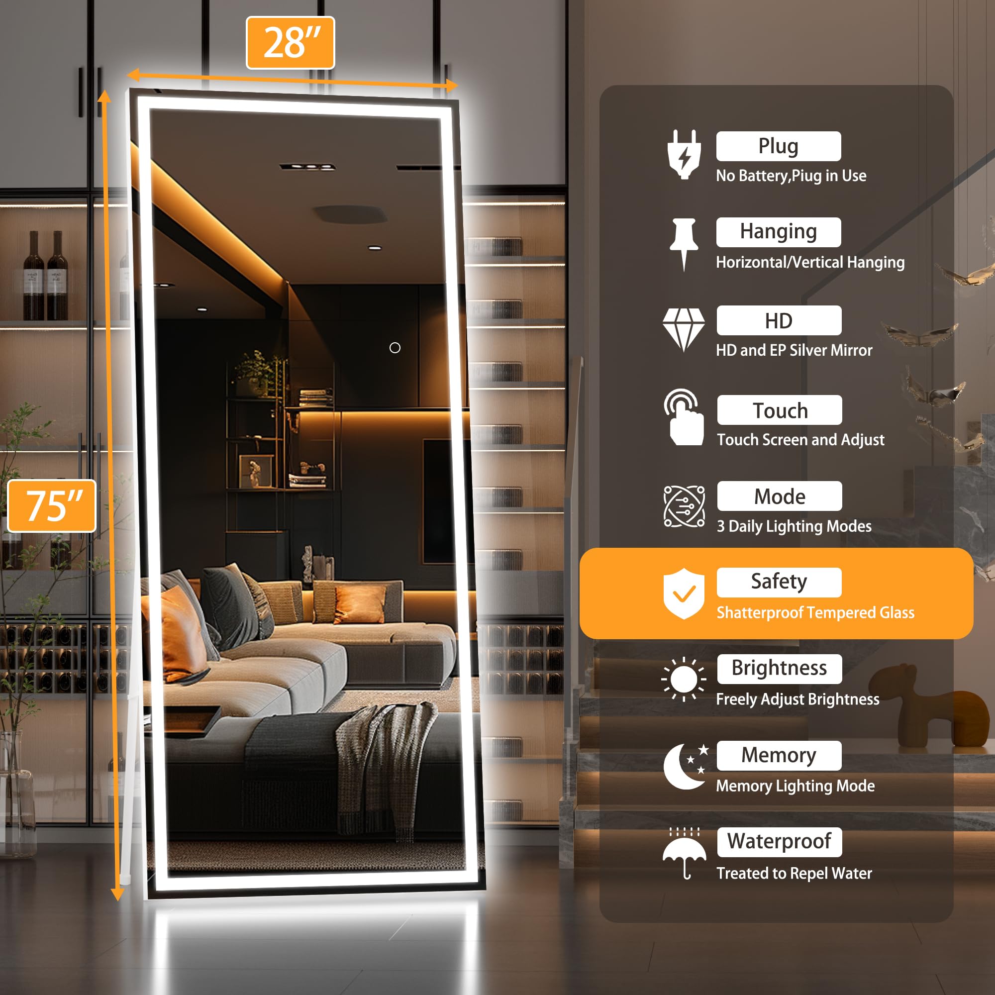 Hasipu Full Length Mirror with Lights, 79" x 36" LED Lighted Floor Standing, Full Body Dressing Hanging Mounted Mirror, Tempered Glass, Square Black