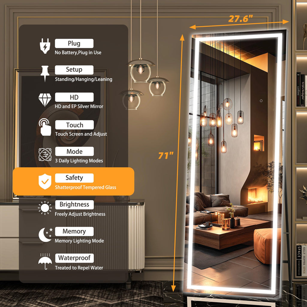 Hasipu Full Length Mirror with Lights, 79" x 36" LED Lighted Floor Standing, Full Body Dressing Hanging Mounted Mirror, Tempered Glass, Square Black