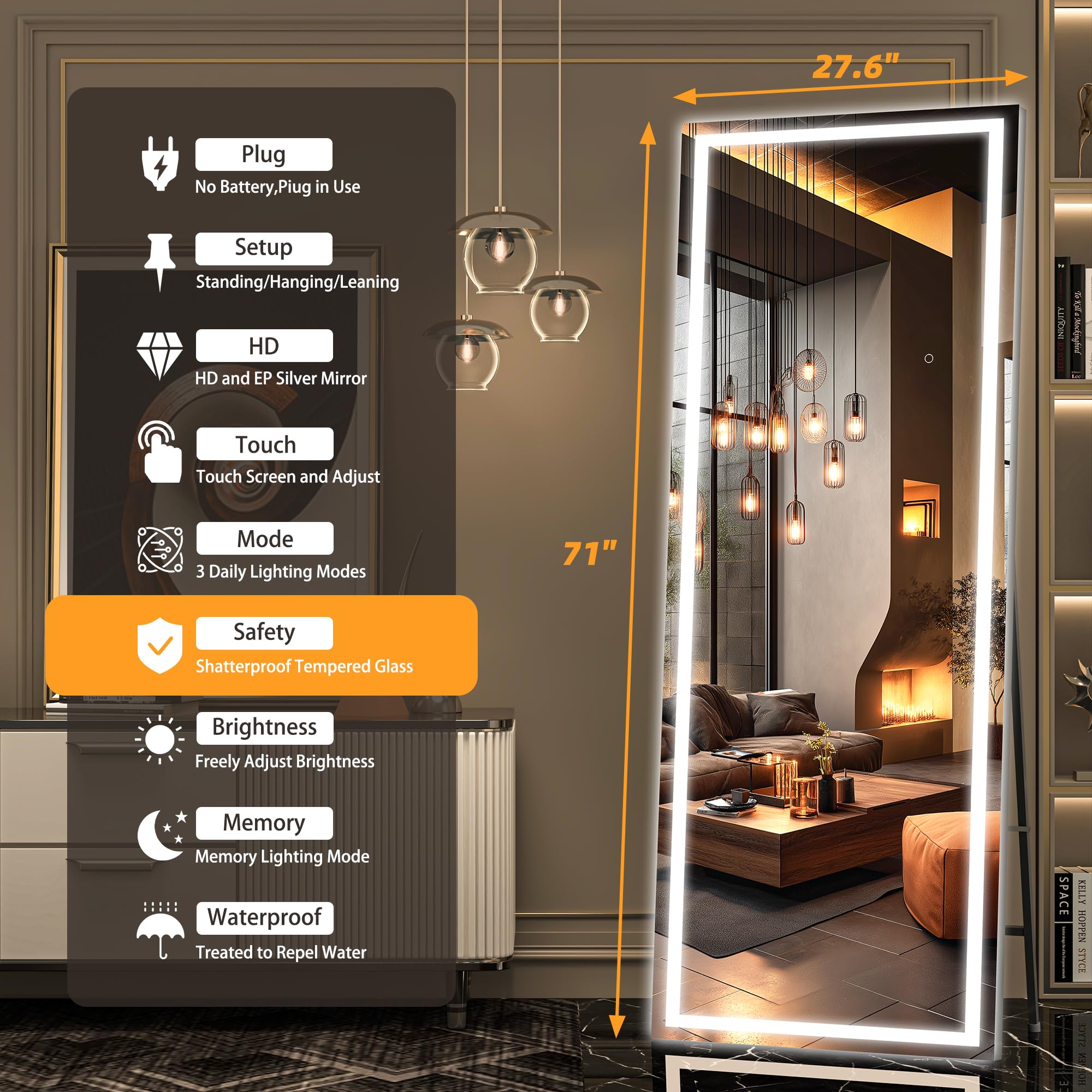 Hasipu Full Length Mirror with Lights, 79" x 36" LED Lighted Floor Standing, Full Body Dressing Hanging Mounted Mirror, Tempered Glass, Square Black