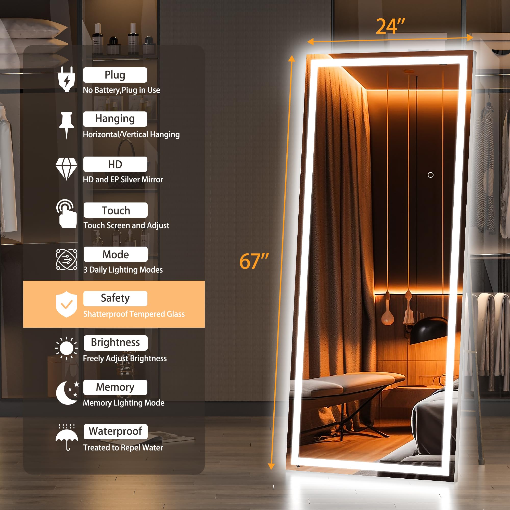 Hasipu Full Length Mirror with Lights, 79" x 36" LED Lighted Floor Standing, Full Body Dressing Hanging Mounted Mirror, Tempered Glass, Square Black