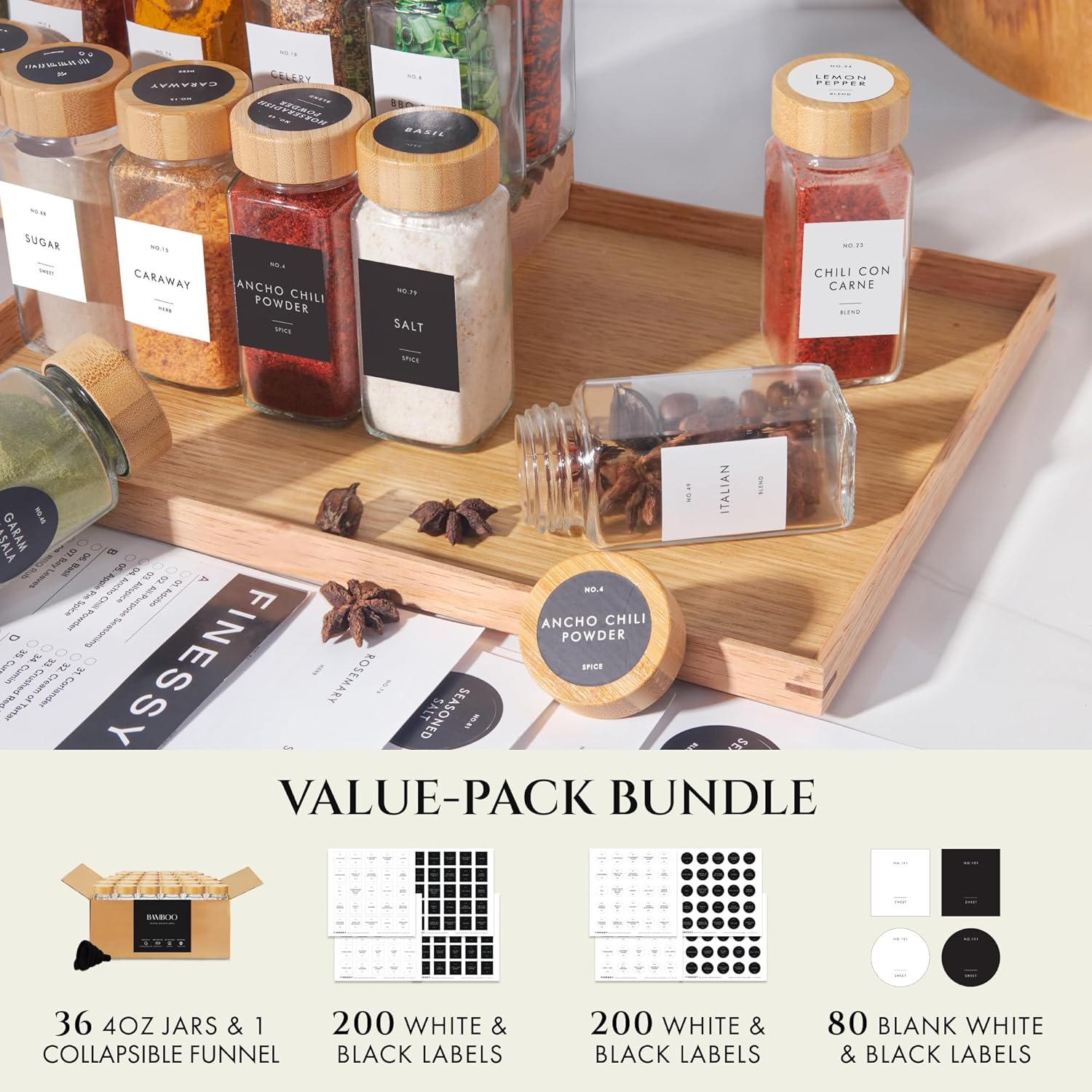 Glass Spice Jars with Label with Bamboo Lids Minimalist 36 Pack Set, 4oz Clear Empty Bottles Seasoning Organizer Jars with Shaker Lids, Small Square Airtight Spice Seasoning Containers Herb Storage