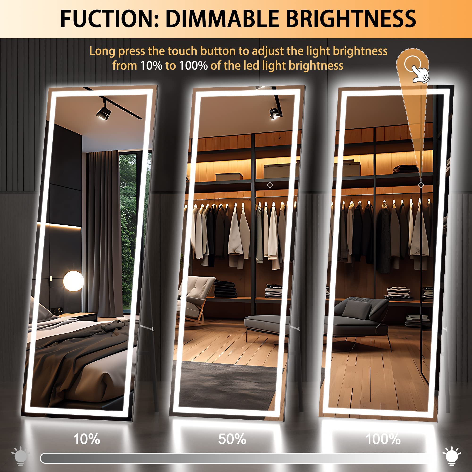 Hasipu Full Length Mirror with Lights, 79" x 36" LED Lighted Floor Standing, Full Body Dressing Hanging Mounted Mirror, Tempered Glass, Square Black
