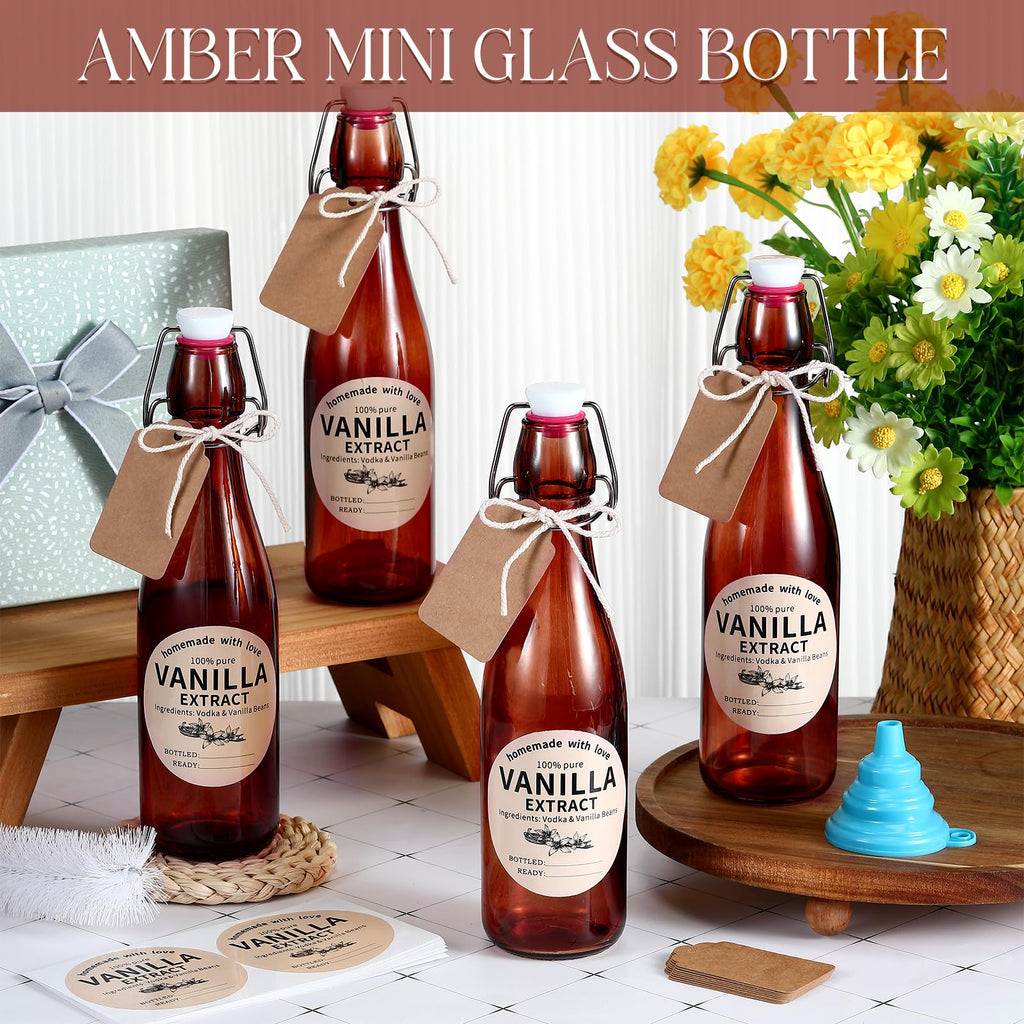 Vesici 8 Sets Swing Top Glass Bottles Set Amber Homemade Vanilla Extract Bottles Vanilla Extract Jars for Christmas DIY Crafts (4 oz)