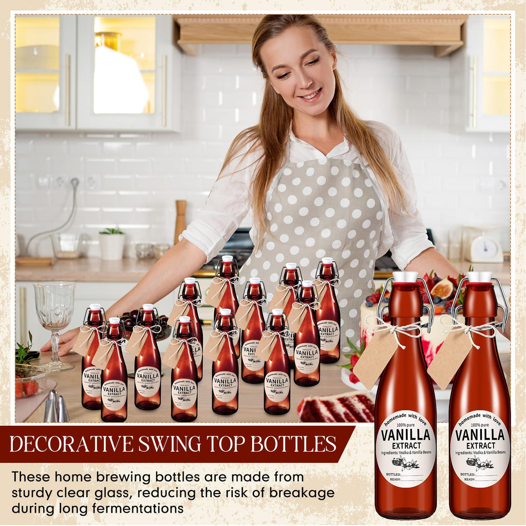 Vesici 8 Sets Swing Top Glass Bottles Set Amber Homemade Vanilla Extract Bottles Vanilla Extract Jars for Christmas DIY Crafts (4 oz)