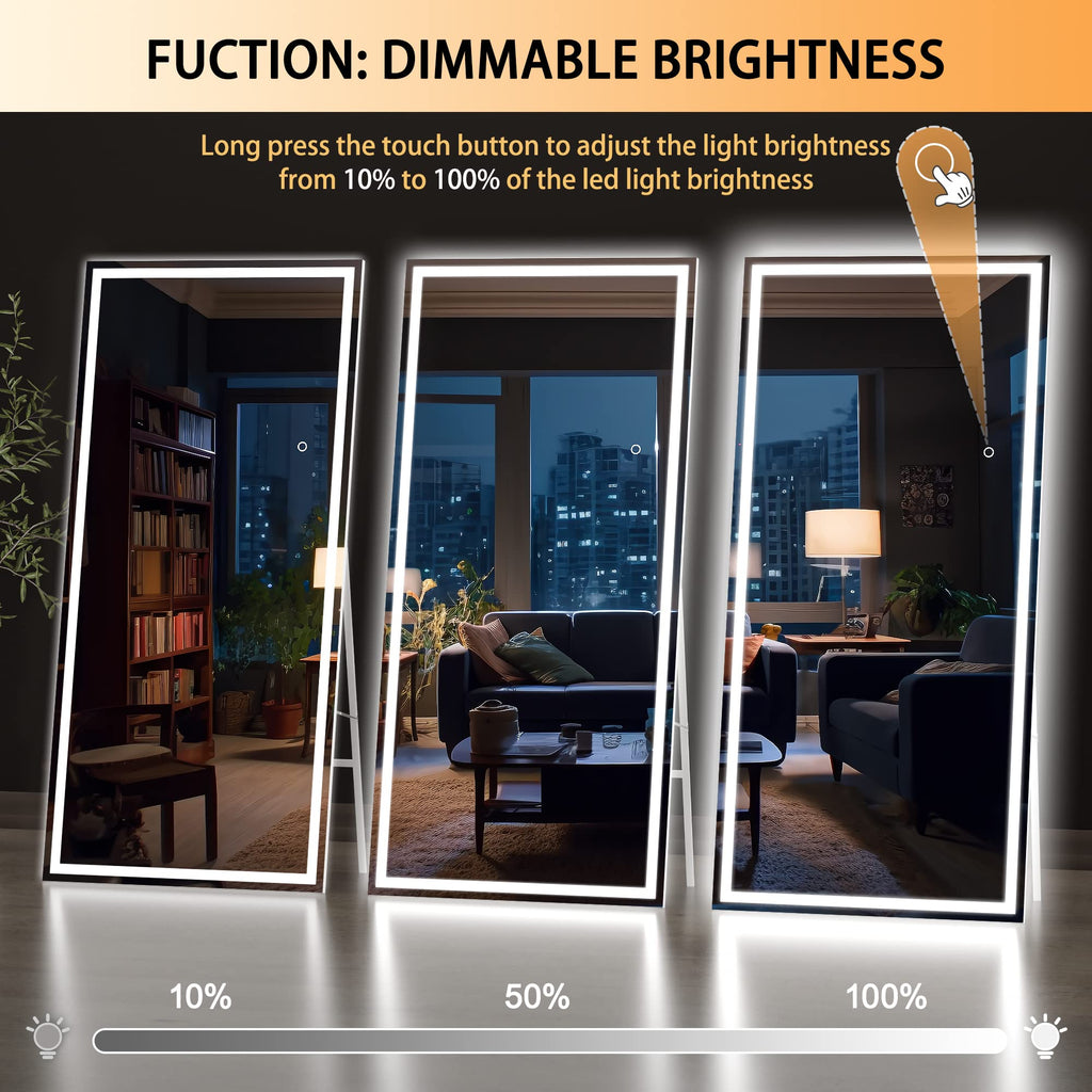 Hasipu Full Length Mirror with Lights, 79" x 36" LED Lighted Floor Standing, Full Body Dressing Hanging Mounted Mirror, Tempered Glass, Square Black
