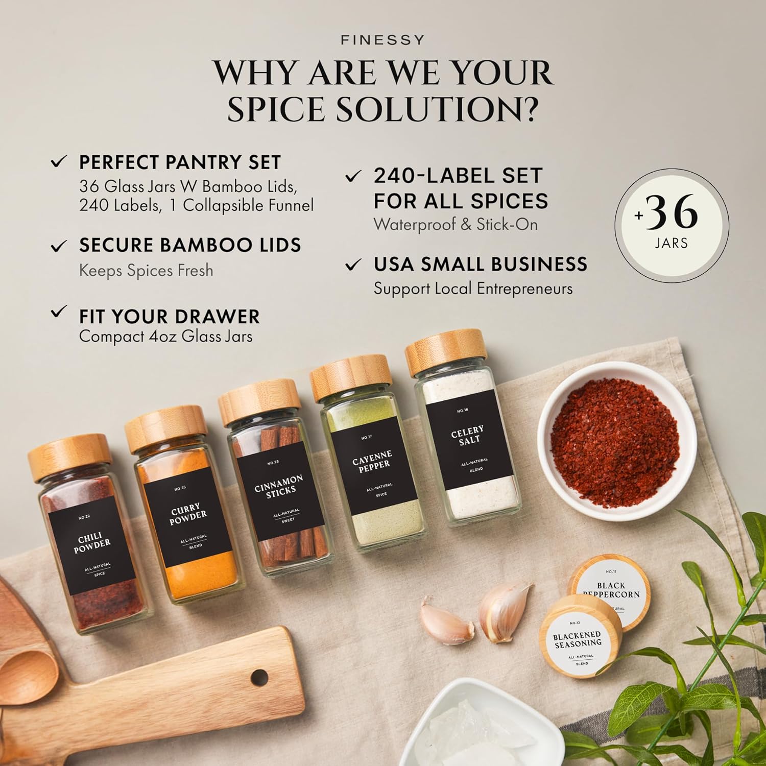 Glass Spice Jars with Label with Bamboo Lids Minimalist 36 Pack Set, 4oz Clear Empty Bottles Seasoning Organizer Jars with Shaker Lids, Small Square Airtight Spice Seasoning Containers Herb Storage