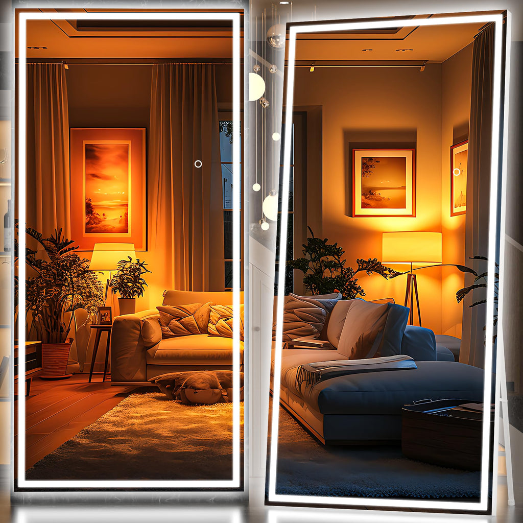 Hasipu Full Length Mirror with Lights, 79" x 36" LED Lighted Floor Standing, Full Body Dressing Hanging Mounted Mirror, Tempered Glass, Square Black