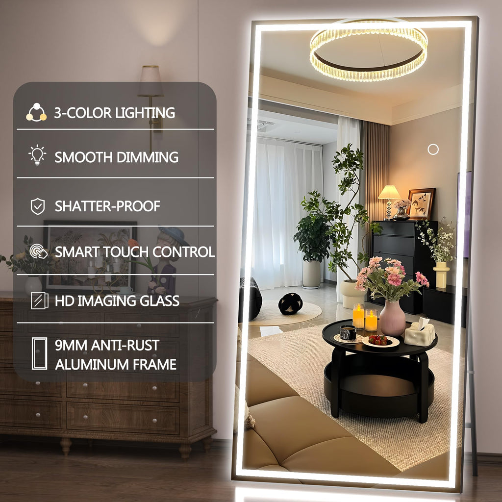 Hasipu Full Length Mirror with Lights, 79" x 36" LED Lighted Floor Standing, Full Body Dressing Hanging Mounted Mirror, Tempered Glass, Square Black
