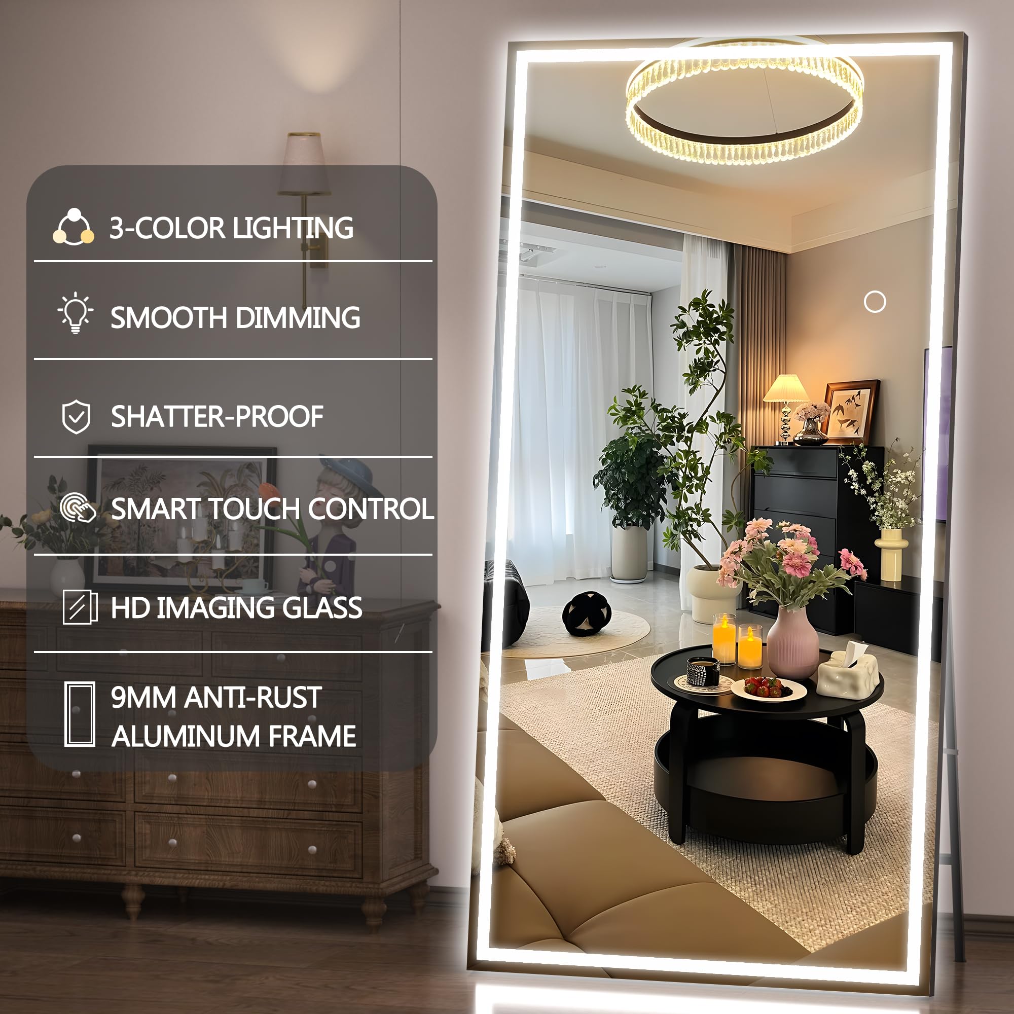 Hasipu Full Length Mirror with Lights, 79" x 36" LED Lighted Floor Standing, Full Body Dressing Hanging Mounted Mirror, Tempered Glass, Square Black