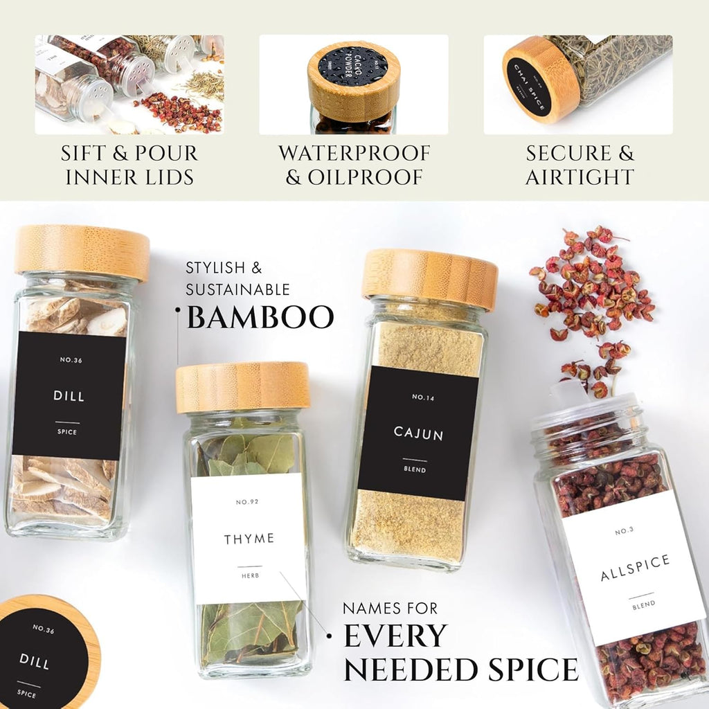 Glass Spice Jars with Label with Bamboo Lids Minimalist 36 Pack Set, 4oz Clear Empty Bottles Seasoning Organizer Jars with Shaker Lids, Small Square Airtight Spice Seasoning Containers Herb Storage