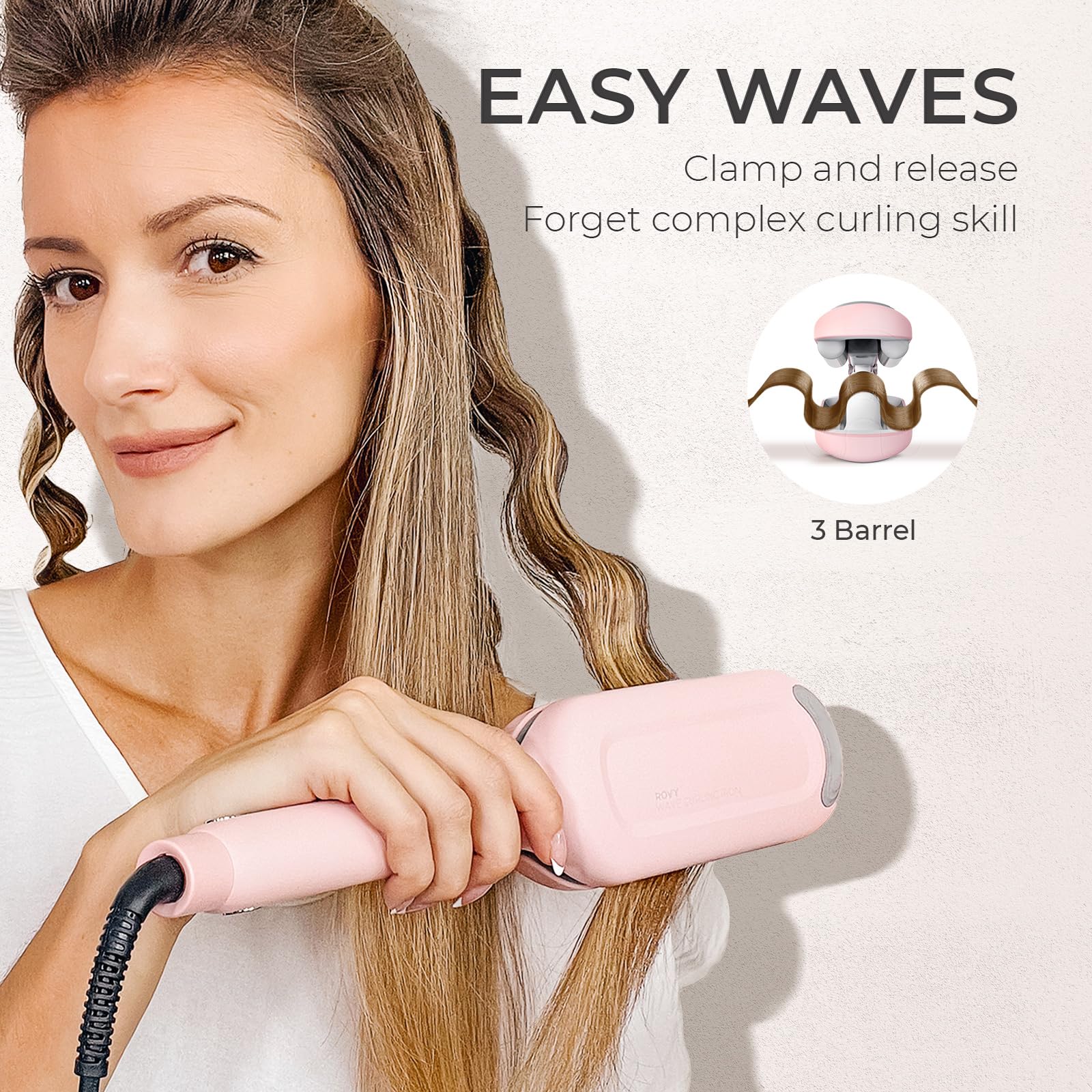 Curling Iron Hair Crimper Waver - TYMO ROVY Beach Waves Curling Wand, Ionic Deep Waver Hair Curler Tool with Ceramic 3 Barrel for Women, Dual Voltage, Anti-Scald, Easy to Use, Pink, 1.25 Inch