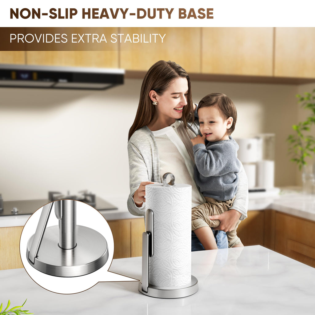 theaoo Heavy-Duty Stainless Steel Paper Towel Holder with Tension Arm – Easy One-Handed Tear, Modern Standing Countertop Dispenser for Kitchen, Holds All Paper Towel Rolls (1, Black)