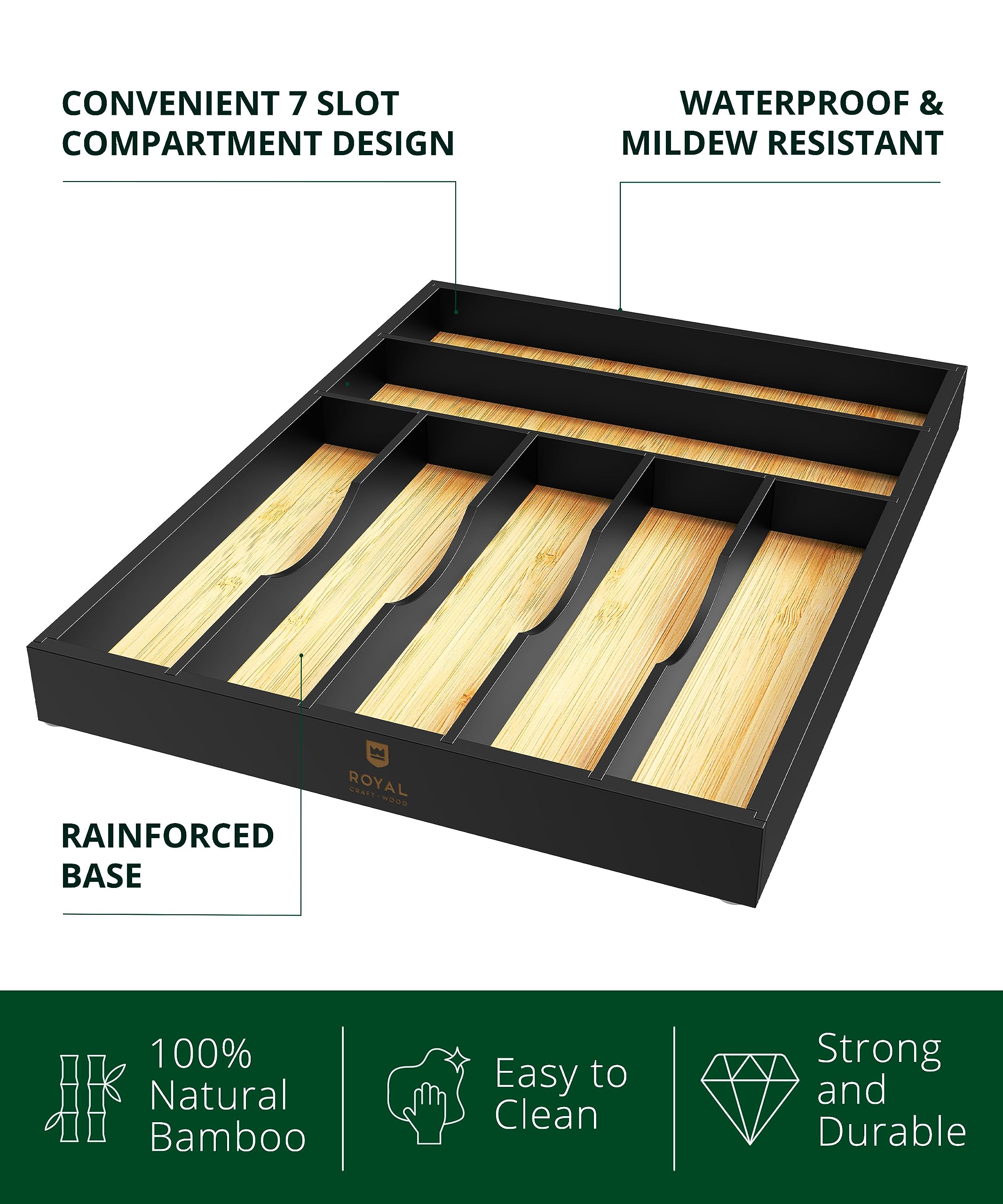 ROYAL CRAFT WOOD Luxury Bamboo Kitchen Drawer Organizer - Silverware Organizer, Utensil Holder & Cutlery Tray Drawer Dividers for Flatware (9 Slot, Natural)