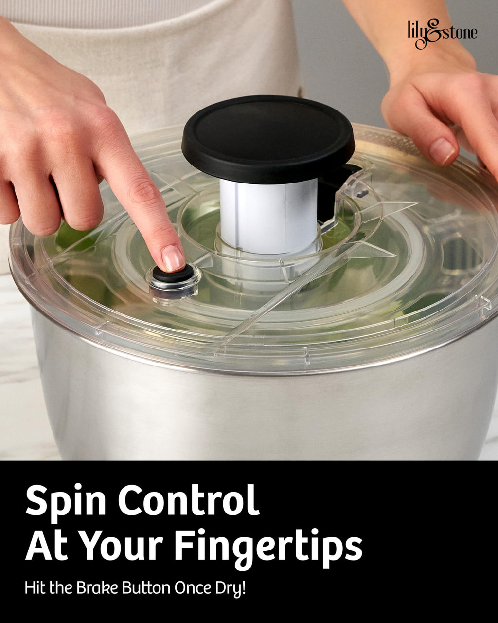 Stainless Steel Pump Salad Spinner Large - Easy Compact Kitchen Tool - Stainless Steel Bowl, Drain & Colander - Lettuce Spinner, Vegetable Dryer, Fruit Washer, Pasta & Fries Produce Strainer - 6.33 Qt