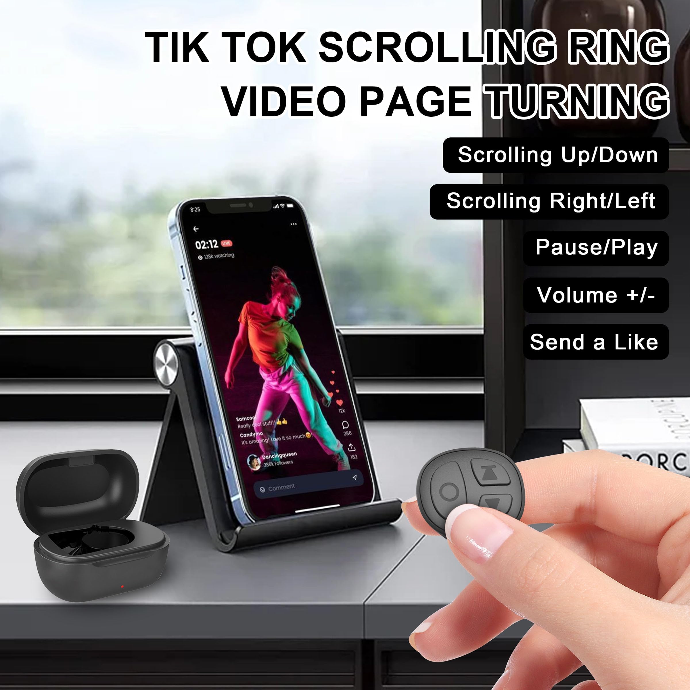 Tiktok Scrolling Ring for iPhone, Bluetooth Camera Remote Control, Remote Control for TIK Tok Scrolling Ring for iPhone, Android (Black)