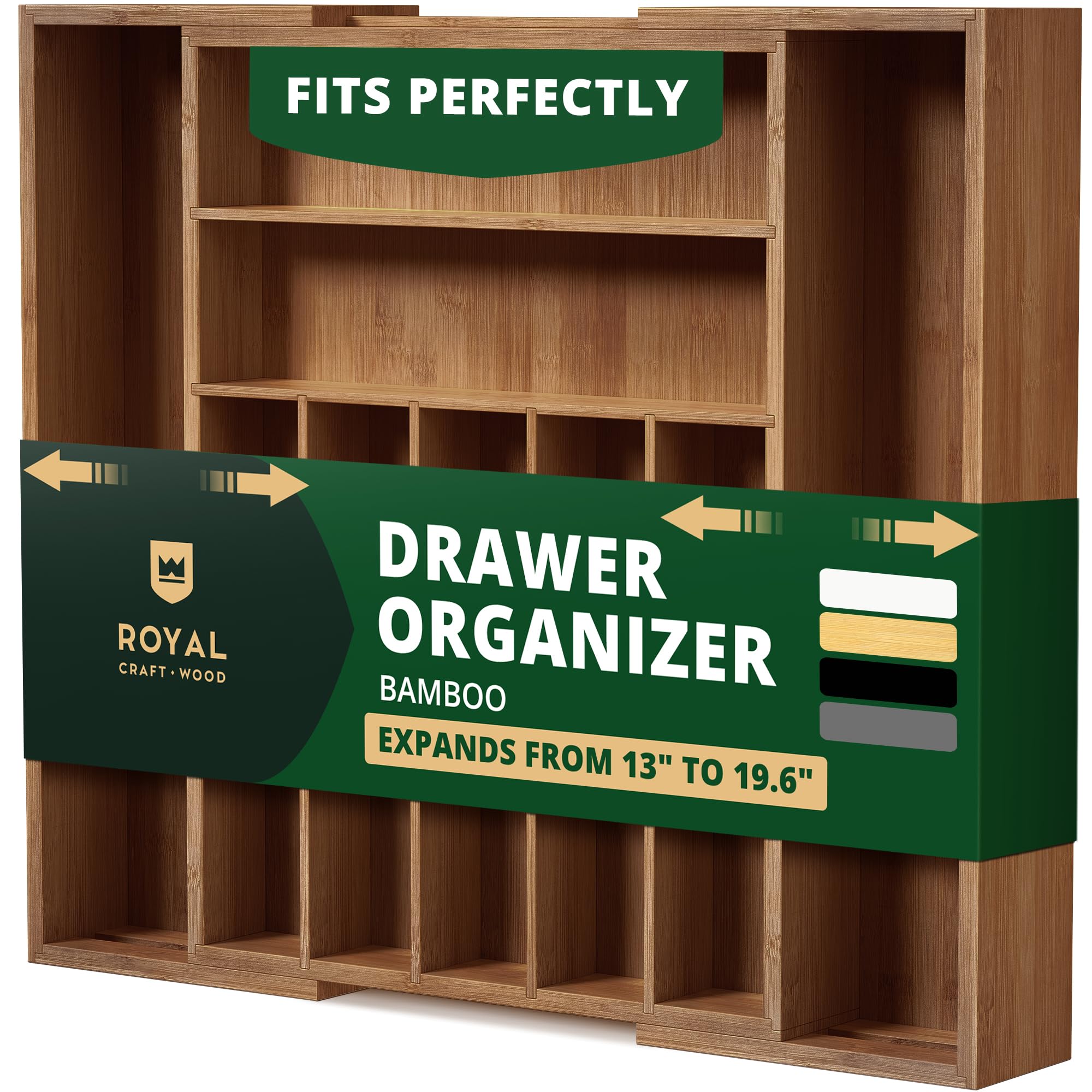 ROYAL CRAFT WOOD Luxury Bamboo Kitchen Drawer Organizer - Silverware Organizer, Utensil Holder & Cutlery Tray Drawer Dividers for Flatware (9 Slot, Natural)