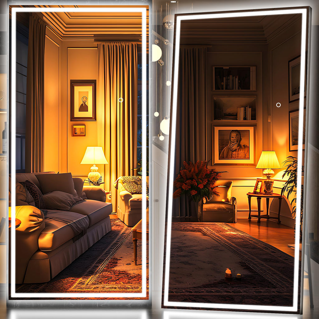 Hasipu Full Length Mirror with Lights, 79" x 36" LED Lighted Floor Standing, Full Body Dressing Hanging Mounted Mirror, Tempered Glass, Square Black