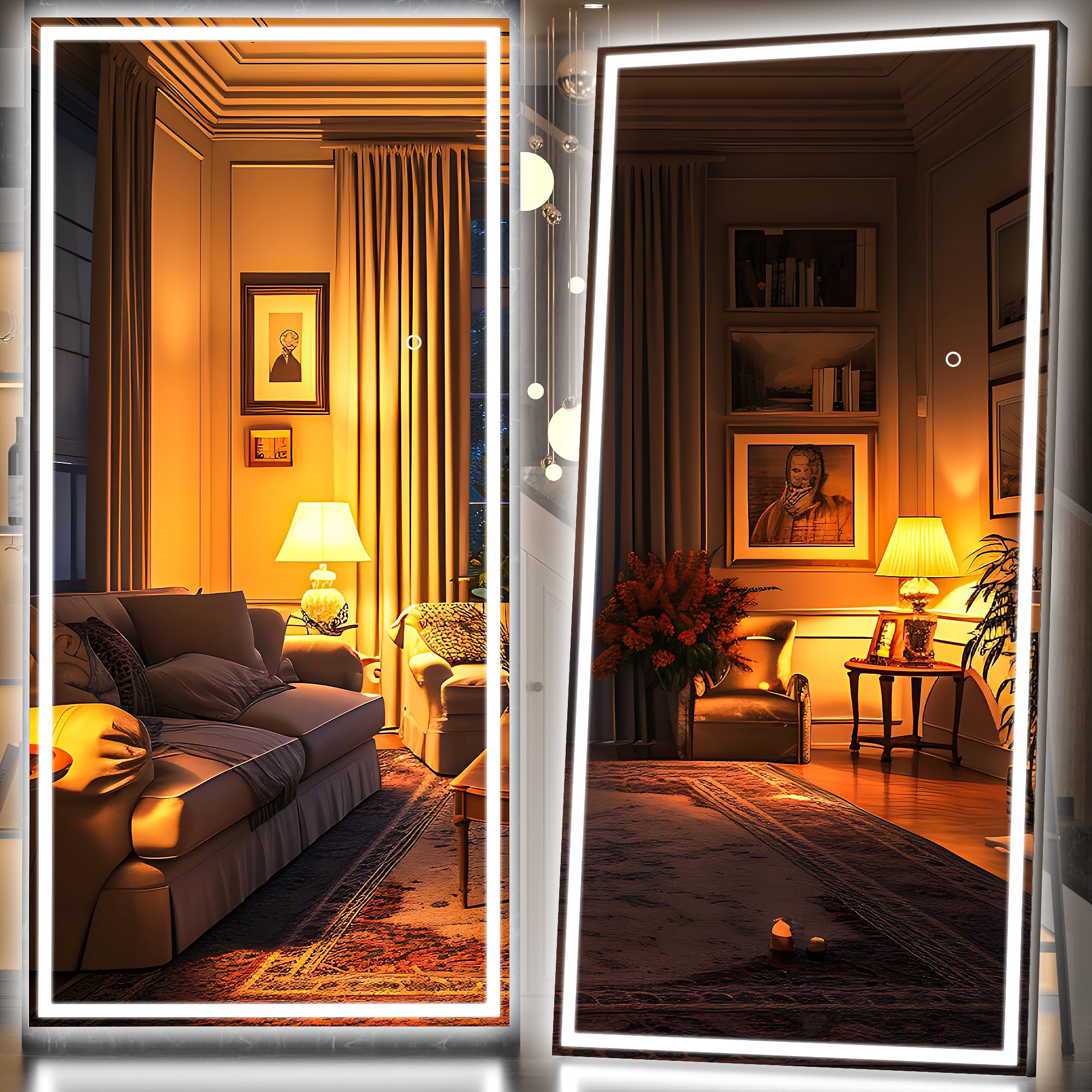 Hasipu Full Length Mirror with Lights, 79" x 36" LED Lighted Floor Standing, Full Body Dressing Hanging Mounted Mirror, Tempered Glass, Square Black