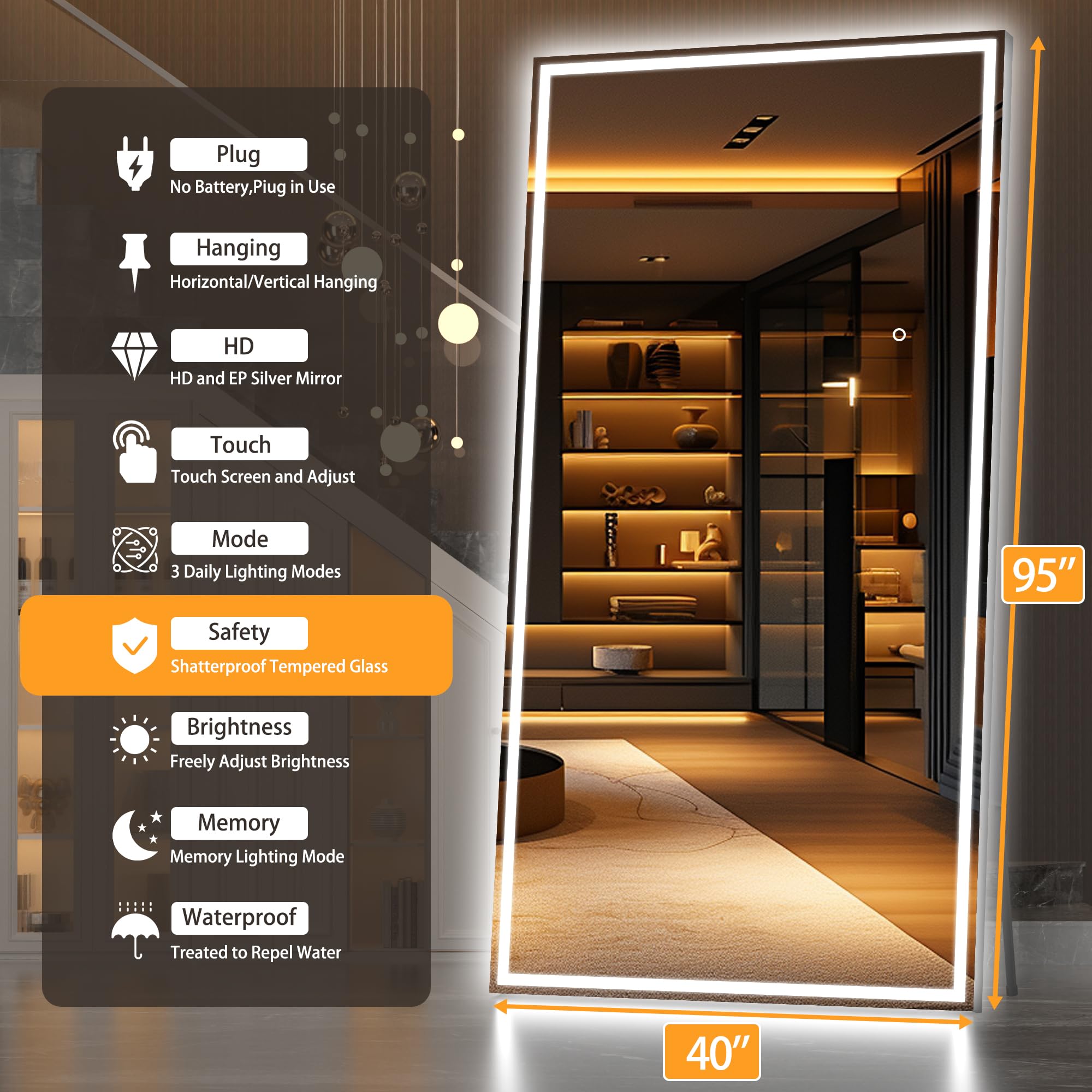 Hasipu Full Length Mirror with Lights, 79" x 36" LED Lighted Floor Standing, Full Body Dressing Hanging Mounted Mirror, Tempered Glass, Square Black