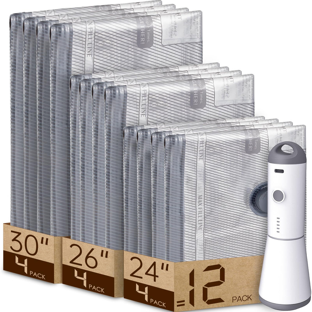 12 Pack Vacuum Bags for Travel with Rechargeable air Pump, Carry-on Size Vacuum Seal Bags for Luggage and Suitcase Compression, Space Saver for Clothes and Clothing Travel
