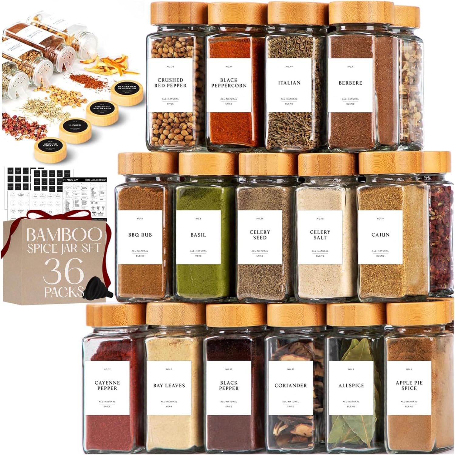 Glass Spice Jars with Label with Bamboo Lids Minimalist 36 Pack Set, 4oz Clear Empty Bottles Seasoning Organizer Jars with Shaker Lids, Small Square Airtight Spice Seasoning Containers Herb Storage