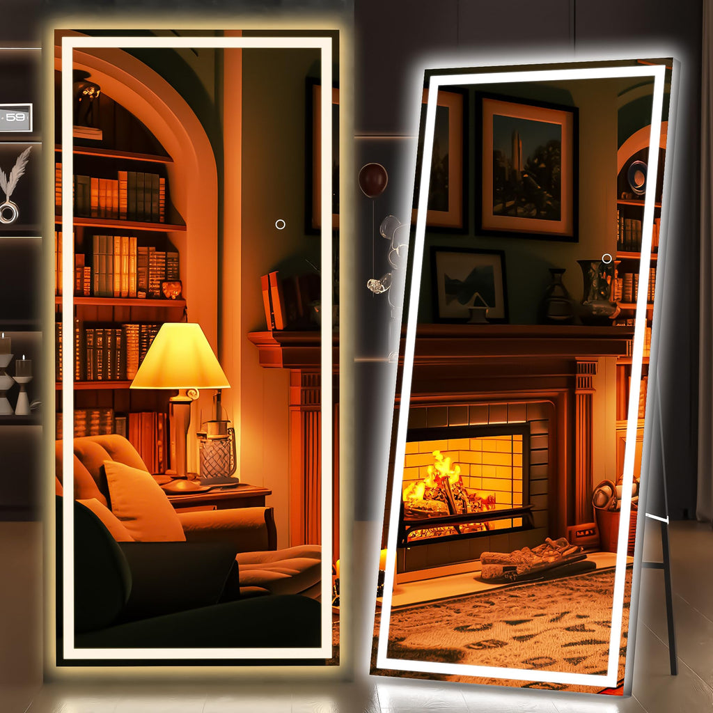 Hasipu Full Length Mirror with Lights, 79" x 36" LED Lighted Floor Standing, Full Body Dressing Hanging Mounted Mirror, Tempered Glass, Square Black