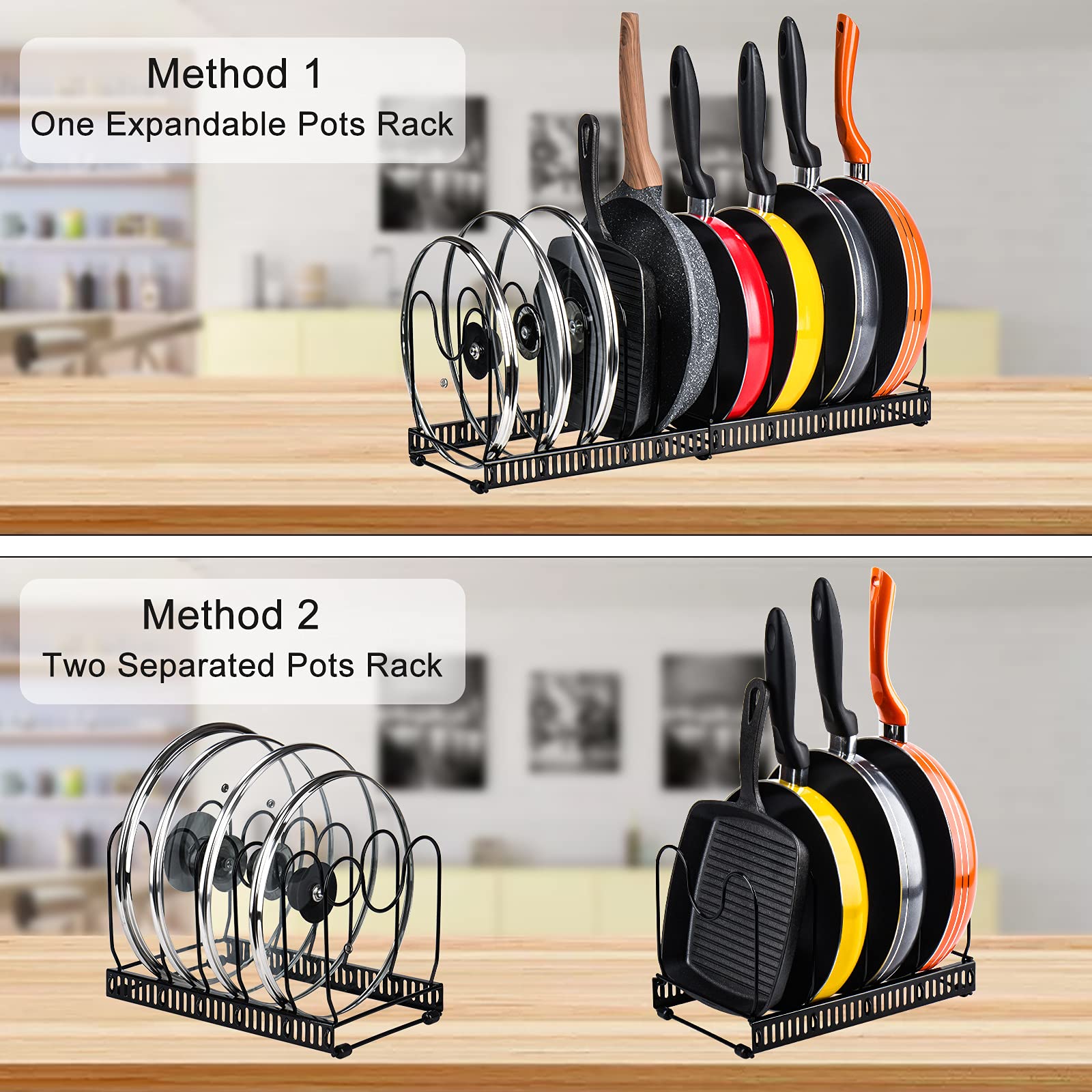 Toplife Pots and Pans Organizer Rack for Cabinet and Countertop, 10+ Pot Lids, Bakeware and Cookware Holder with 10 Adjustable Compartments - Black
