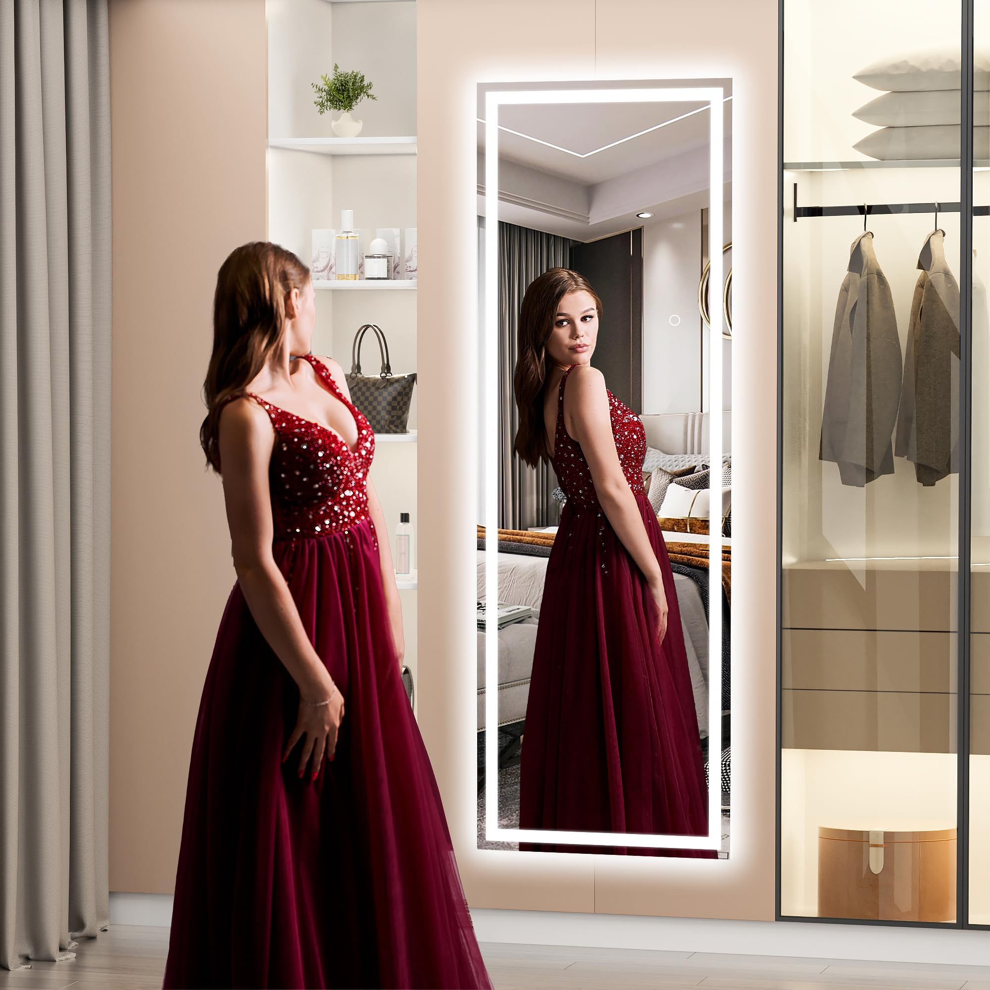 Hasipu Full Length Mirror with Lights, 79" x 36" LED Lighted Floor Standing, Full Body Dressing Hanging Mounted Mirror, Tempered Glass, Square Black