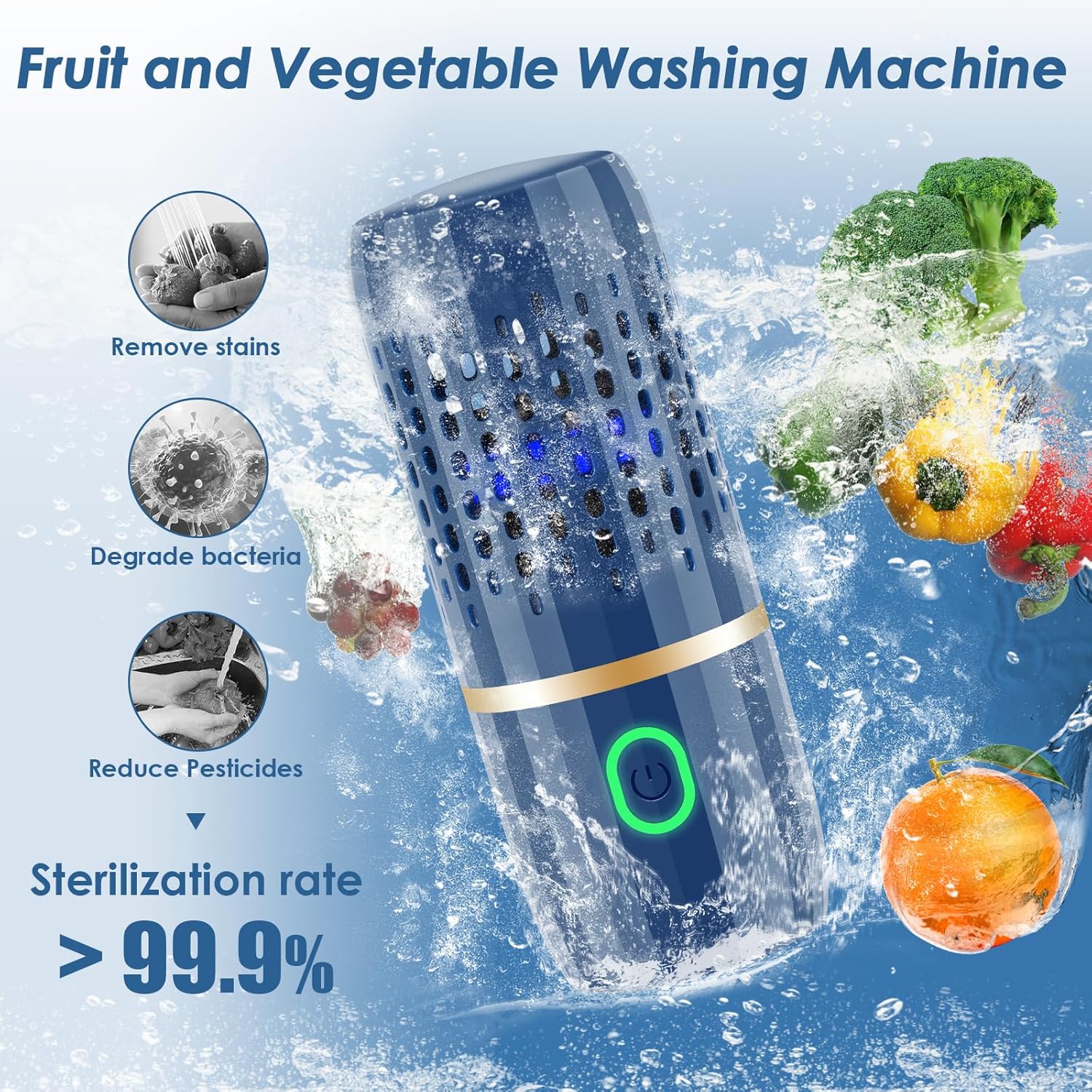 Cudinham Fruit and Vegetable Purifier Cleaner Washing Machine Capsule Shape Disinfection OH-ion Purification Technology for Cleaning Grains Rice Meat Seafood, Blue