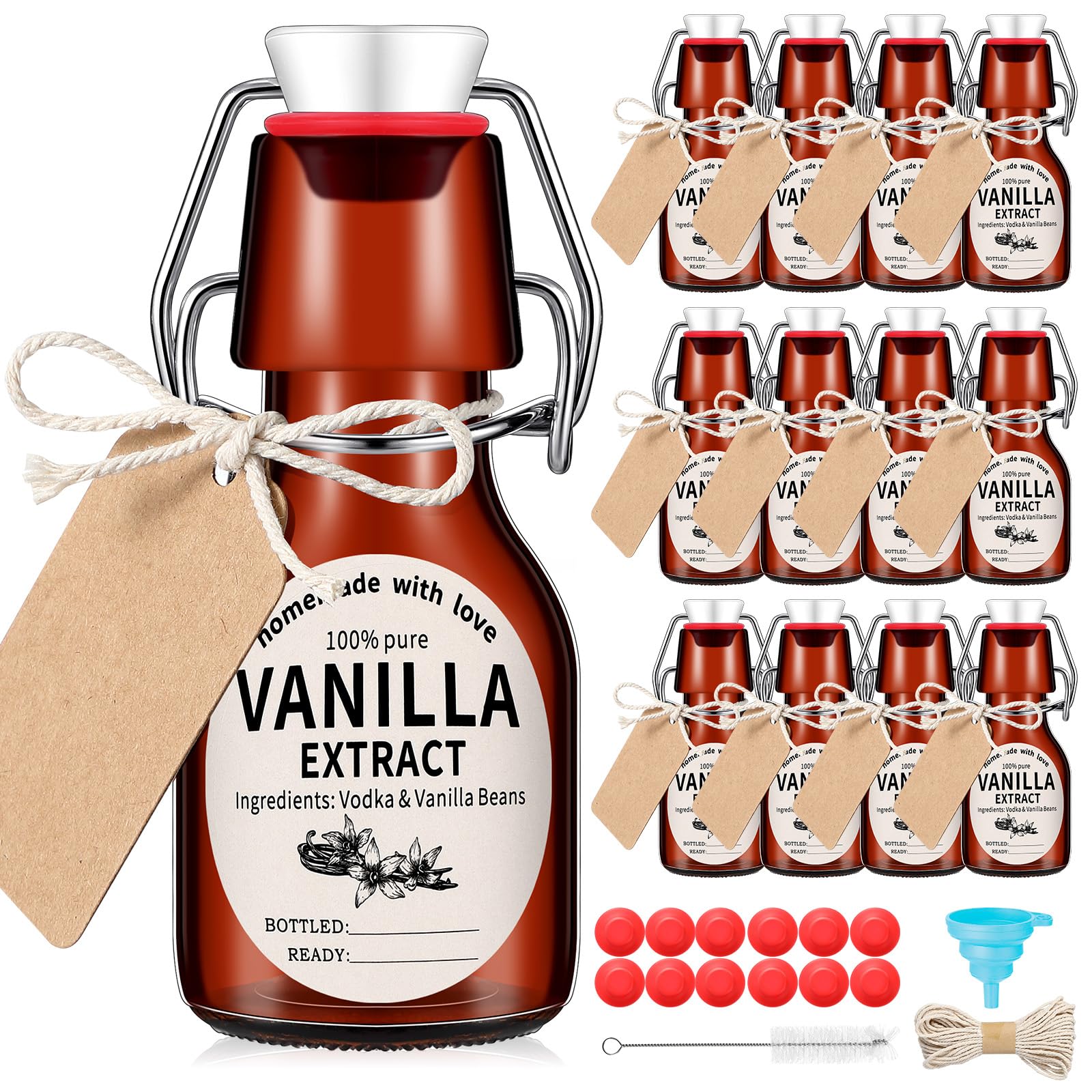 Vesici 8 Sets Swing Top Glass Bottles Set Amber Homemade Vanilla Extract Bottles Vanilla Extract Jars for Christmas DIY Crafts (4 oz)