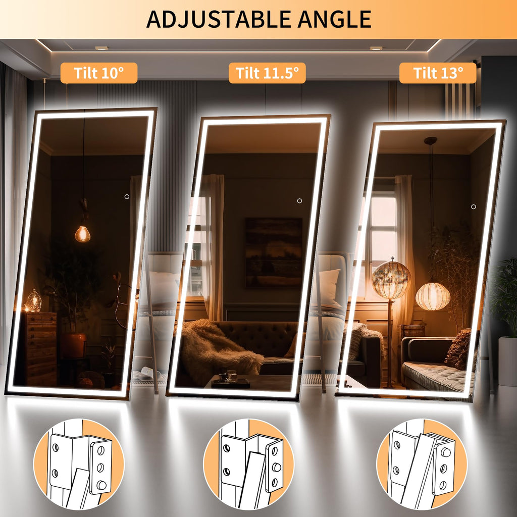Hasipu Full Length Mirror with Lights, 79" x 36" LED Lighted Floor Standing, Full Body Dressing Hanging Mounted Mirror, Tempered Glass, Square Black