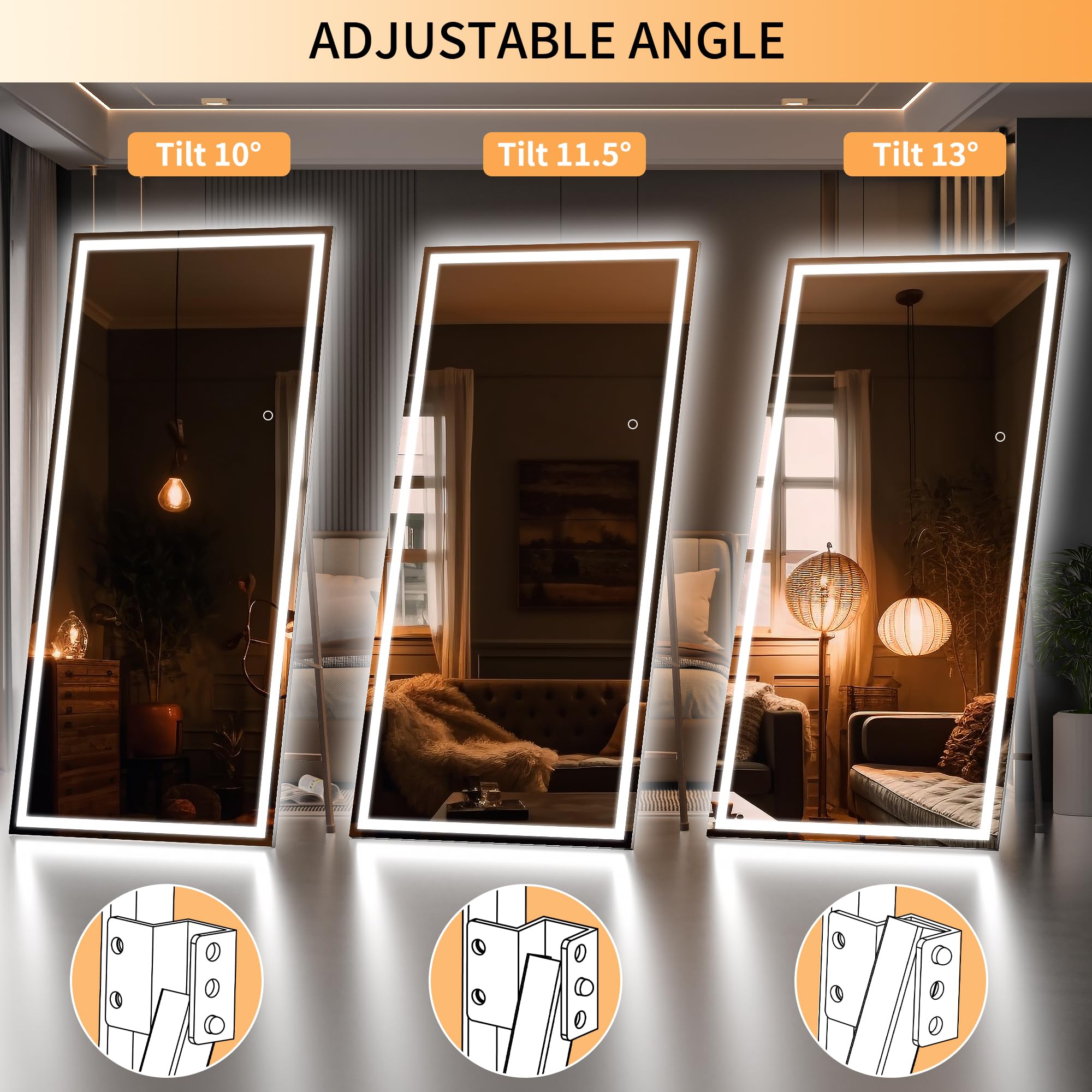 Hasipu Full Length Mirror with Lights, 79" x 36" LED Lighted Floor Standing, Full Body Dressing Hanging Mounted Mirror, Tempered Glass, Square Black