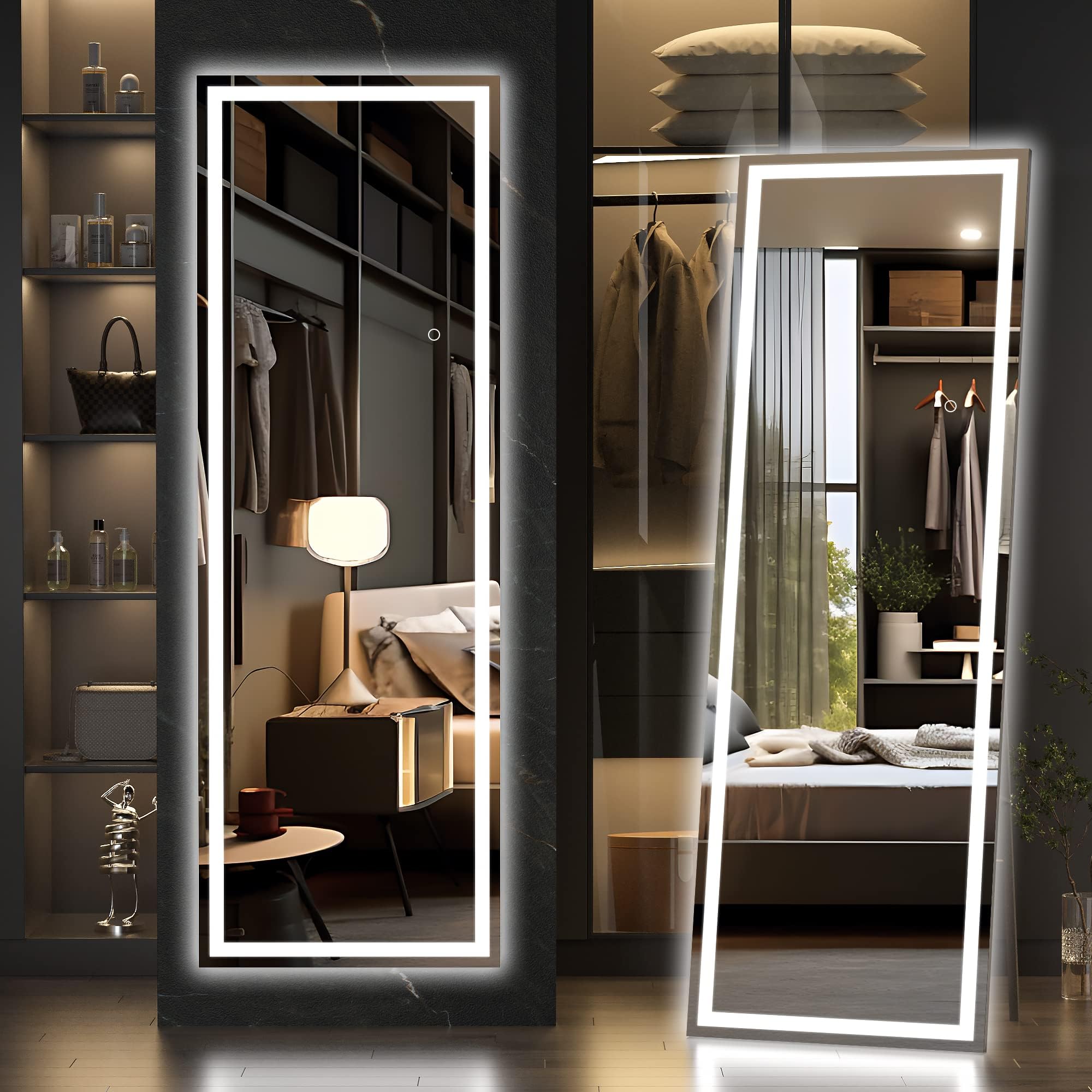 Hasipu Full Length Mirror with Lights, 79" x 36" LED Lighted Floor Standing, Full Body Dressing Hanging Mounted Mirror, Tempered Glass, Square Black
