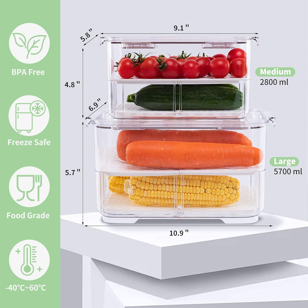 elabo Fruit Storage Containers for Fridge Fresh Produce Saver -3 Pack Stackable Fridge Organizers Bins with Lids, Drain Tray, Food Storage Container for Vegetables, Lettuce, Salad and Berry, BPA-free