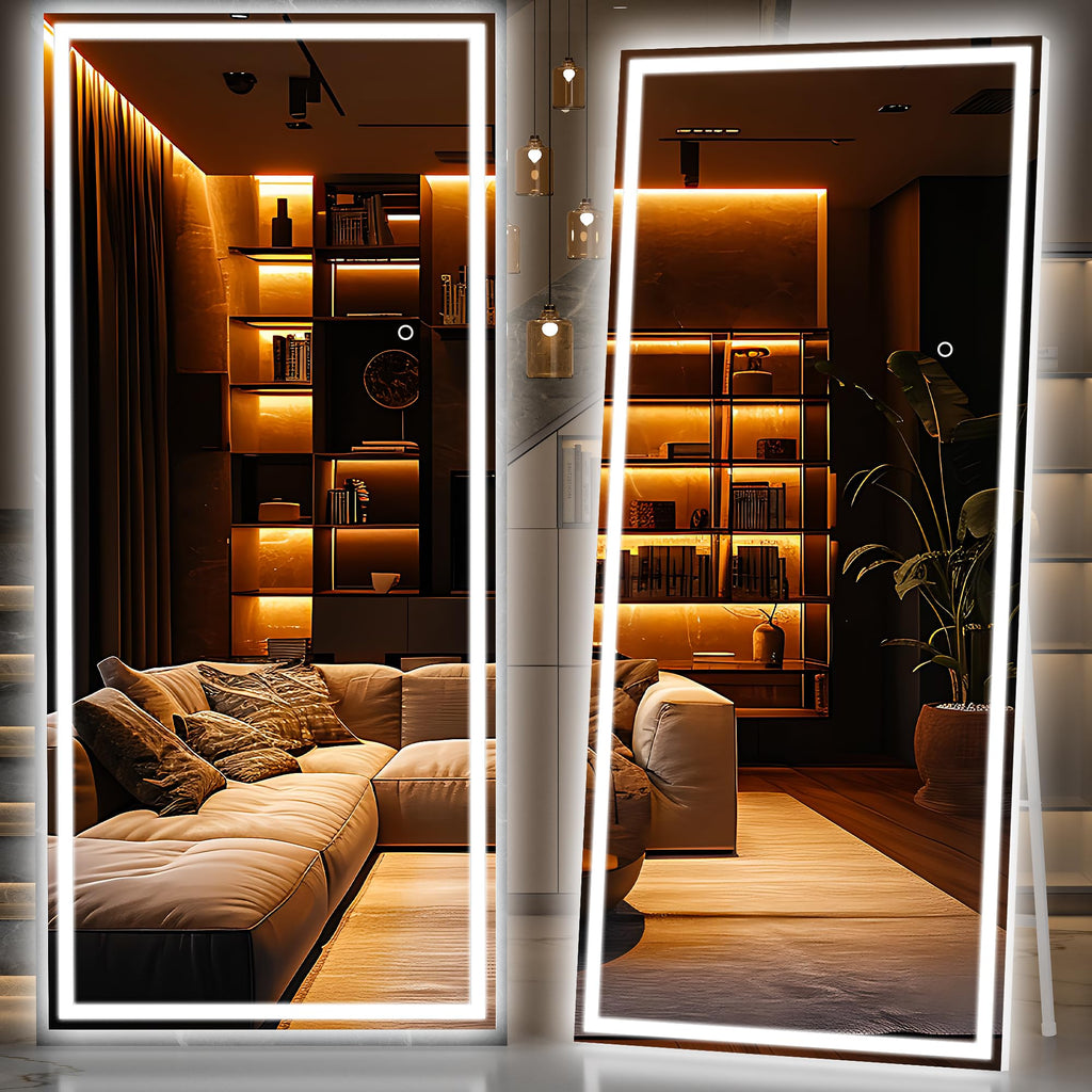 Hasipu Full Length Mirror with Lights, 79" x 36" LED Lighted Floor Standing, Full Body Dressing Hanging Mounted Mirror, Tempered Glass, Square Black