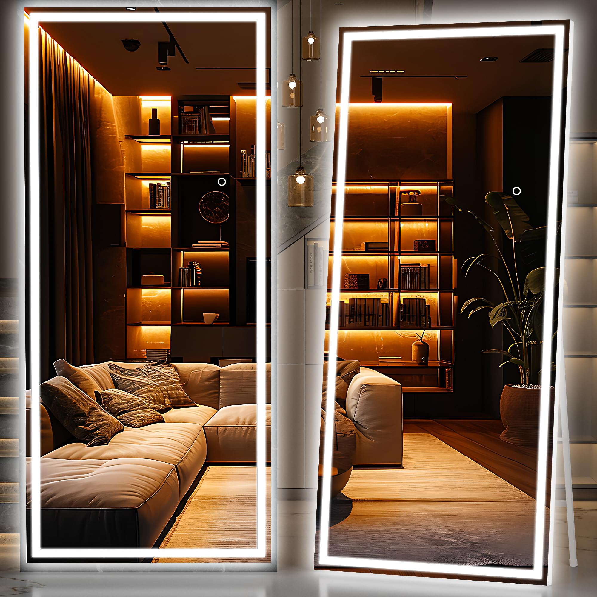 Hasipu Full Length Mirror with Lights, 79" x 36" LED Lighted Floor Standing, Full Body Dressing Hanging Mounted Mirror, Tempered Glass, Square Black