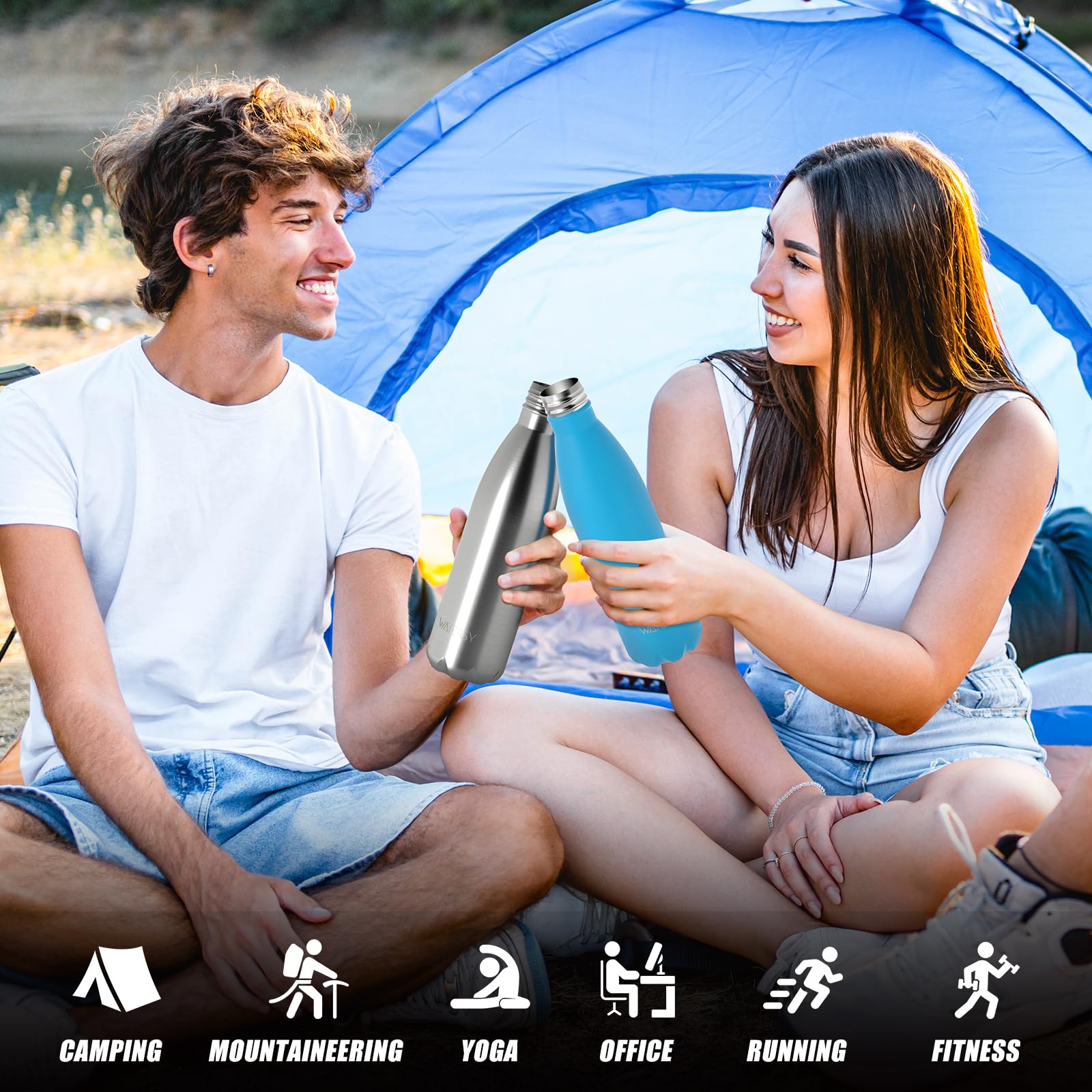 WATERSY Stainless Steel water bottles,17oz/500ml Insulated Water Bottles,Deep Blue metal water bottle Keeps Drink Cold and Hot,BPA Free kids water bottles for School,Gym,Travel,Sports